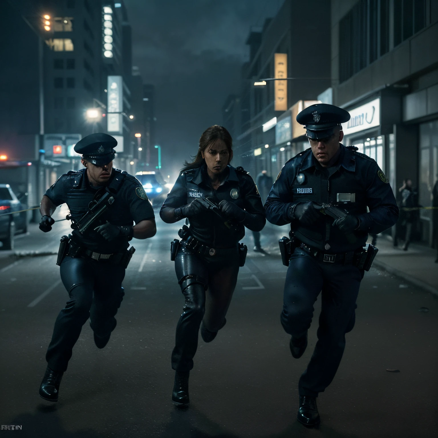 Policemen running to the crime scene, realistic lighting, intense action, police sirens, urgent atmosphere, fast-paced movement, focused expressions, detailed police uniforms, professional equipment, city setting, dramatic perspective, high-quality cinematic, vivid colors, high-resolution rendering, dynamic composition, bustling streets, meticulous attention to details, intense investigation, energetic pursuit, precise police coordination, suspenseful ambiance, realistic cityscape, influential crime-fighting, atmospheric storytelling, dynamic shadows, highly detailed character models, immersive experience, captivating storytelling, masterful use of lighting and shadows, impactful crime scene depiction, immersive atmosphere, impressive depth-of-field effect, intricate crime-solving process.