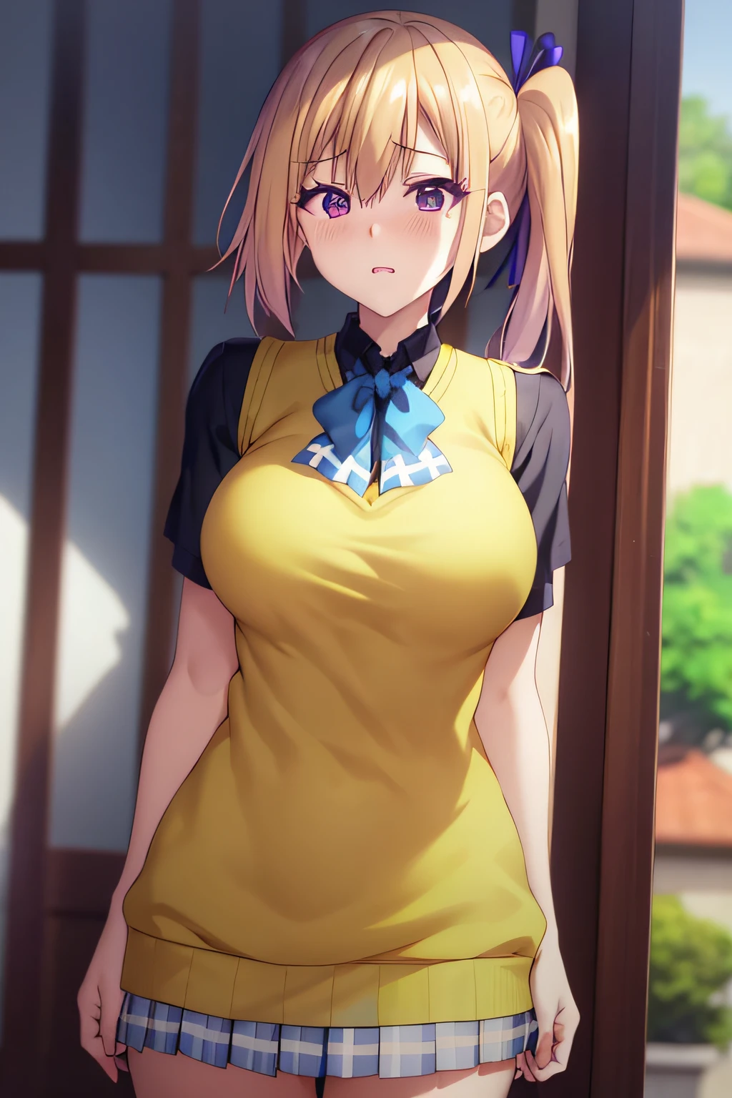 ​masterpiece, (top-quality), 1womanl,1girl in,1 boy,,kawakami_touko, blonde  hair, length hair, side poneyTail, a purple eye, Sweater Vest, 校服, skirt by the, Big breasts,bow ribbon, Hair Ribbon, Mole under the eyes,Female sexy, embarrassed from,red blush, vivd colour,,natural soft light,nffsw, , Beautiful fece, (详细的脸:1.2), showcase, (perfect  eyes:1.1) ,(Photorealsitic:1.1), 8K UHD, Look at viewers, outside of house, simple background