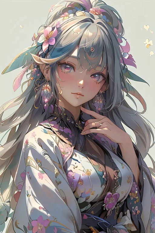 (masterpiece, top quality, best quality, official art, beautiful and aesthetic:1.2), (1girl:1.3), extremely detailed,(fractal art:1.1),(colorful:1.1)(flowers:1.3),highest detailed,(zentangle:1.2), (dynamic pose), (abstract background:1.3),  (shiny skin), (many colors:1.4), ,(earrings:1.4),  (feathers:1.4)