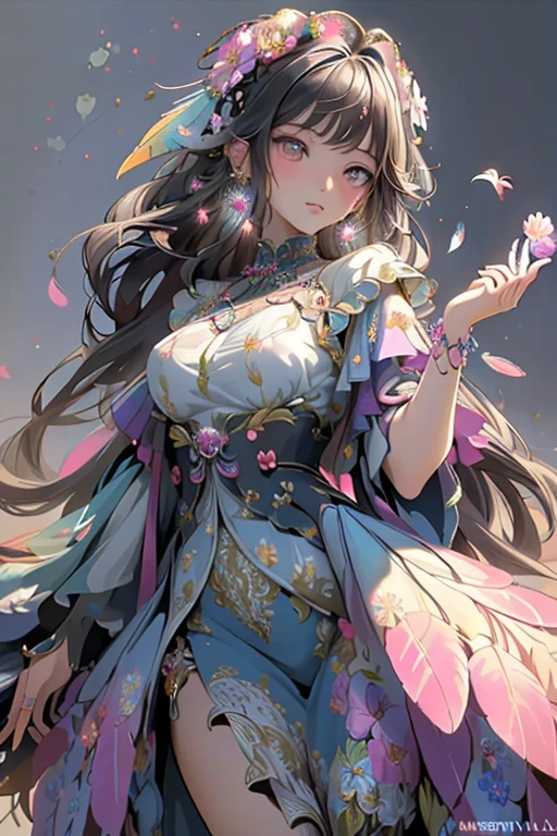 (masterpiece, top quality, best quality, official art, beautiful and aesthetic:1.2), (1girl:1.3), extremely detailed,(fractal art:1.1),(colorful:1.1)(flowers:1.3),highest detailed,(zentangle:1.2), (dynamic pose), (abstract background:1.3),  (shiny skin), (many colors:1.4), ,(earrings:1.4),  (feathers:1.4)