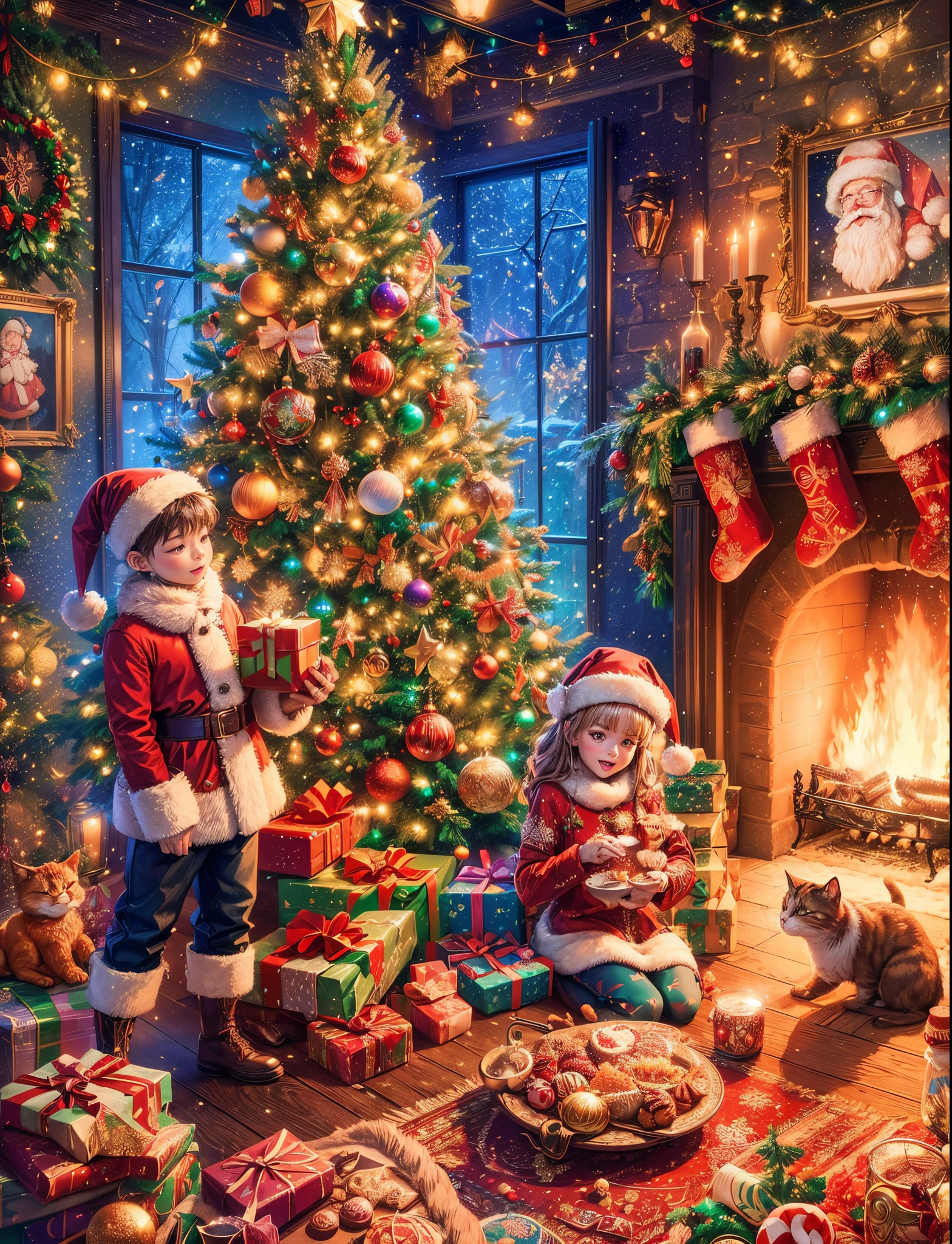 (((Vector illustration style)))，vivd colour，magical ambiance，whimsically，Sparkling，Fantasy Christmas world，In the room，A couple wearing Santa Claus costumes enjoying Christmas dinner。The room  decorated with a tall Christmas tree，Covered with flashing lights，Decoration  colorful。There are gift boxes stacked next to it，Exquisite packaging reveals expectations and surprises。A warm fire burns in the fireplace，Various Christmas decorations are placed around，There  also a funny portrait of Santa Claus hanging on the fireplace。Gingerbread cookies on the table、Cane sugar、Christmas delicacies such as candies。Kitten at feet lies on Christmas rug，wearing a red scarf，Seems to be enjoying this moment。The room  filled with a strong Christmas atmosphere，full of joy and，Intoxicating, (Perspectives, first person perspective, jib style colors, Glowing light, 电影灯光, hyper HD, tmasterpiece, Acura, Anatomically correct, ctextured skin, super detailing, high detal, high high quality, Award-Awarded, Best quality, 4K)