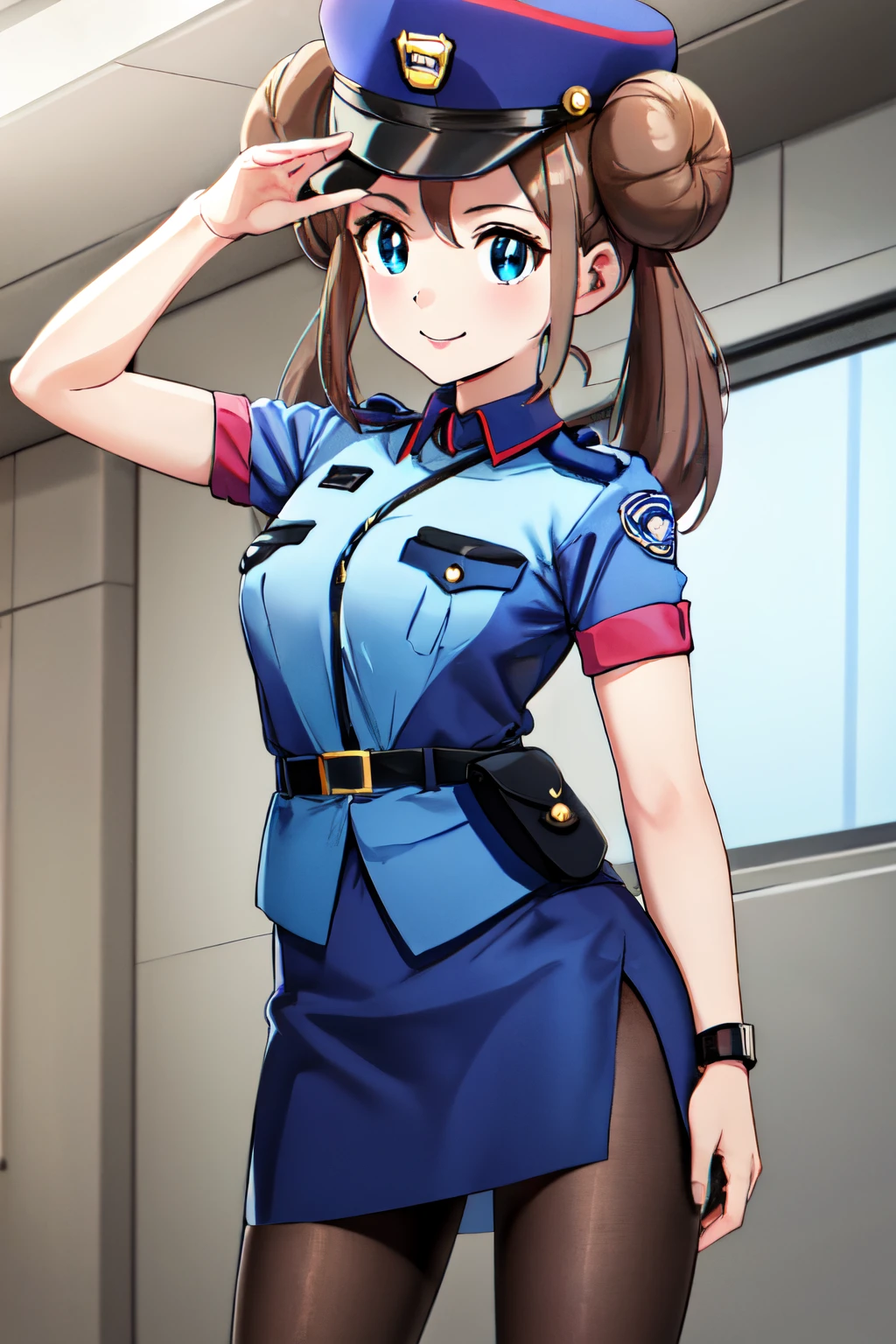 masuter piece, Best Quality, 超A high resolution, top-quality, Anime style, The best lighting, Beautiful face, ​masterpiece, Hi-Res, RO1, brown haired, Hair buns, blue eyess, Twin-tailed, (Police Costumes:1.2), Pink ribbon, Wear a hat, wrist watch,  Standing, cowboy  shot, pokeball \(basic\), A smile, (Background of the police station:1.3), 1girll, (a closeup:1.2)