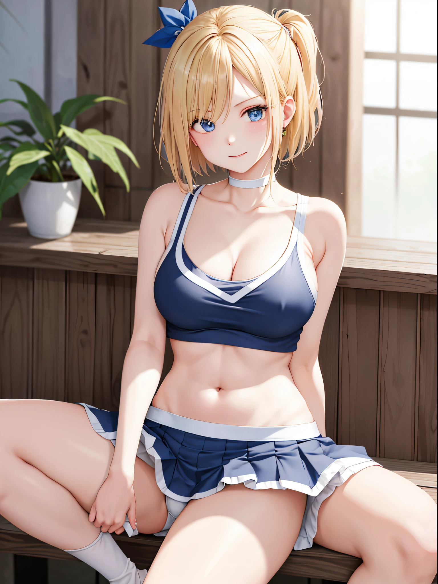 top-quality, hight resolution, 18 with, 1girl in, Android 18, 独奏, blonde hair, e Blue Eyes, short detailed hair, 耳Nipple Ring, Open her legs,White panty、White shorts、jewely, Denim Vest, open vest,Open your crotch to expose your pants、Open your crotch to expose your white panties、Sitting on a high chest、Knees upright and legs open、Condescending on you、You can see white panties on the knees, Black shirt, Denim Mini Skirt,sleeveless beautiful facial features、Right foot posture、I could see the white panties.........、Beautiful navel、beautiful skirt, medium breasts, cowboy shot, Street, cropped shoulders, No shoulder strap,