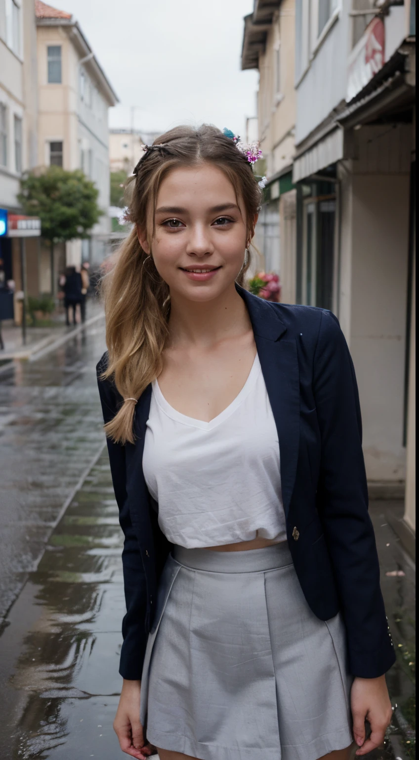 (((Long Blonde Ponytail with flower on hair))), (((Wearing dark blue blazer school uniform, gray skirt))),(((lift her skirt))),(((looking at viewer:1.5))),(((view full body))),(((Photographing a girl from the front) )),ulzzang-6500-v1.1, (Raw photo:1.2), (Photo realistic:1.4), a beautiful detailed girl, extremely detailed eye and face, beautiful detailed eyes, ultra-detailed, High resolution, top-quality, masterpiece, highly detailed, 8k wallpaper, Wonderful, finely detail, top-quality, Light on the face,电影灯光,1girl in, (Rainy road),Beautiful eyes,teary eyes, smile,Opening Mouth
