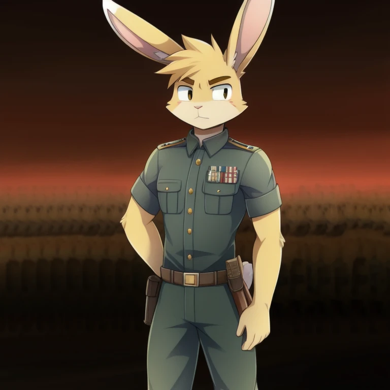 solo, male, rabbit, yellow colored fur, lean body, anthropomorphic rabbit, thousand yard stare, bleeding from torso, bullet wounds in torso, soldier uniform