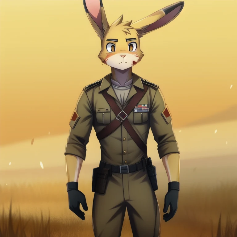 solo, male, rabbit, yellow colored fur, lean body, anthropomorphic rabbit, thousand yard stare, bleeding from torso, bullet wounds in torso, soldier uniform