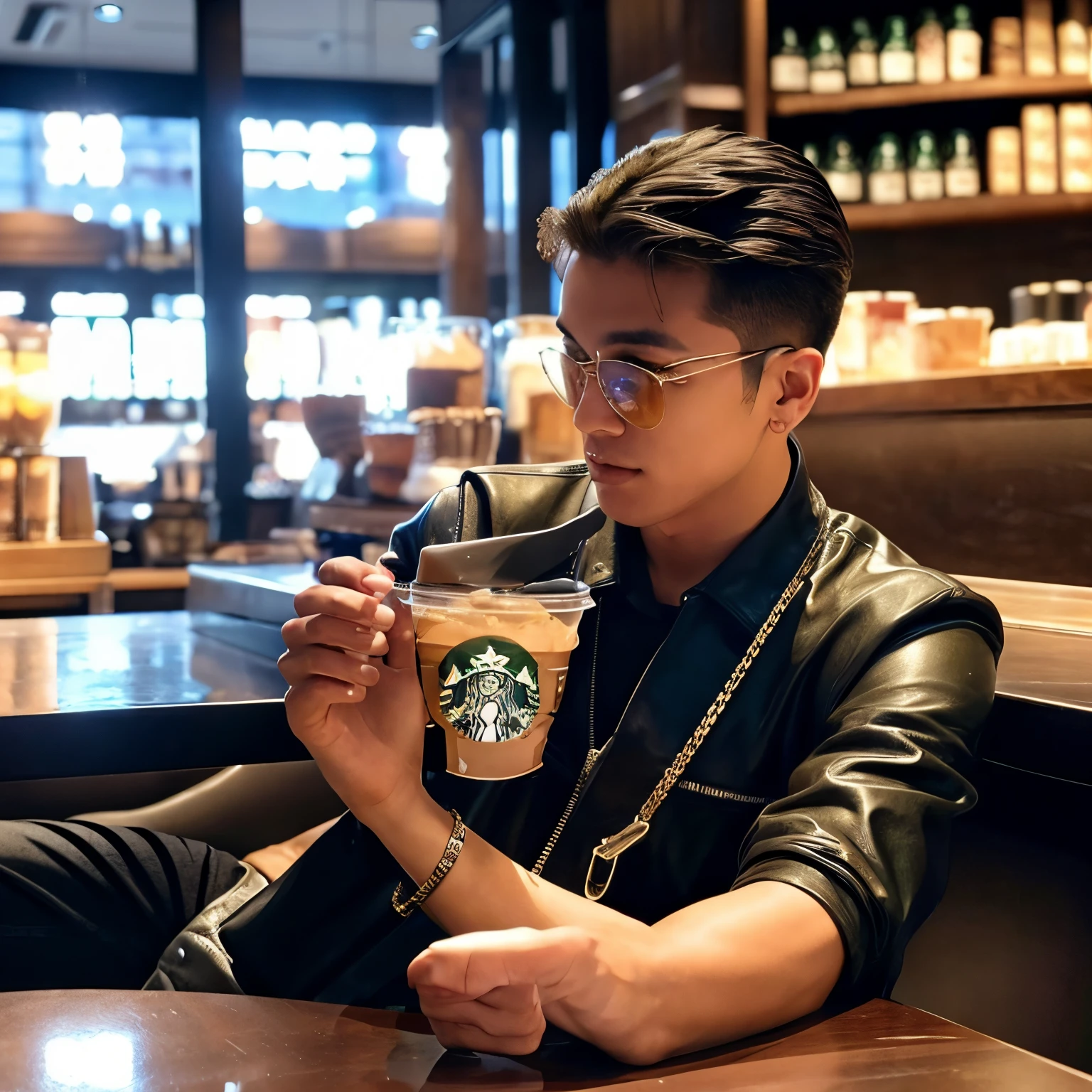 A cool guy relaxing in a Starbucks that's as shiny as a club.