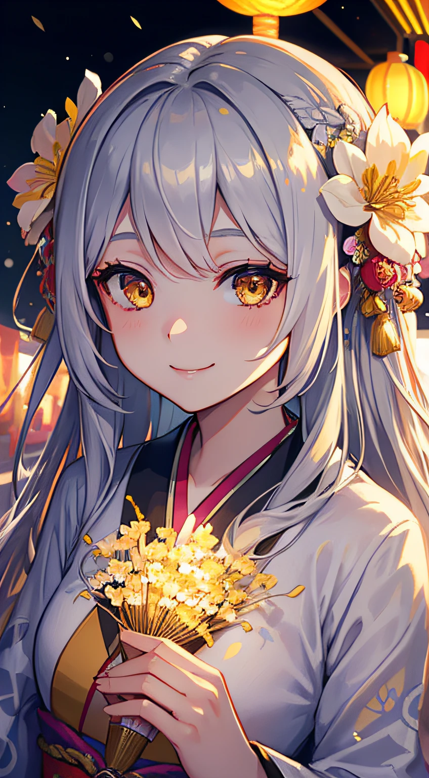 1girl, silver long hair, yellow eyes, smiling, intricate kimono with flower patterns, flower hair ornament, (night), festival, fireworks, stalls, lanterns, 8K, warm lighting, perfect clothes, perfect anatomy, perfect eyes, perfect face, sharp resolution, (face closeup)