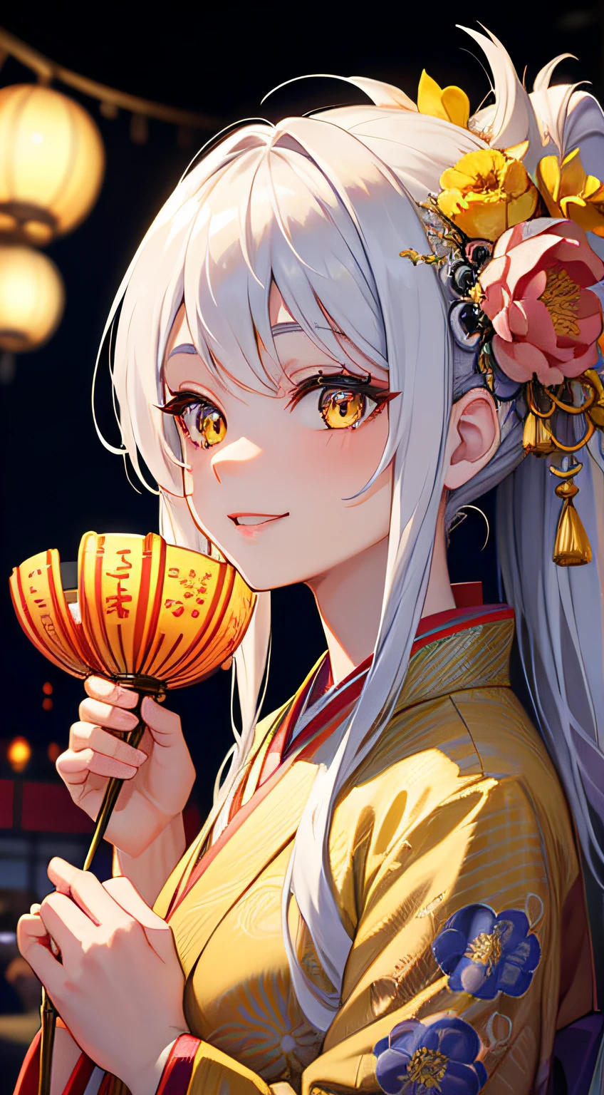 1girl, silver long hair, yellow eyes, smiling, intricate kimono with flower patterns, flower hair ornament, (night), festival, fireworks, stalls, lanterns, 8K, warm lighting, perfect clothes, perfect anatomy, perfect eyes, perfect face, sharp resolution, (face closeup)