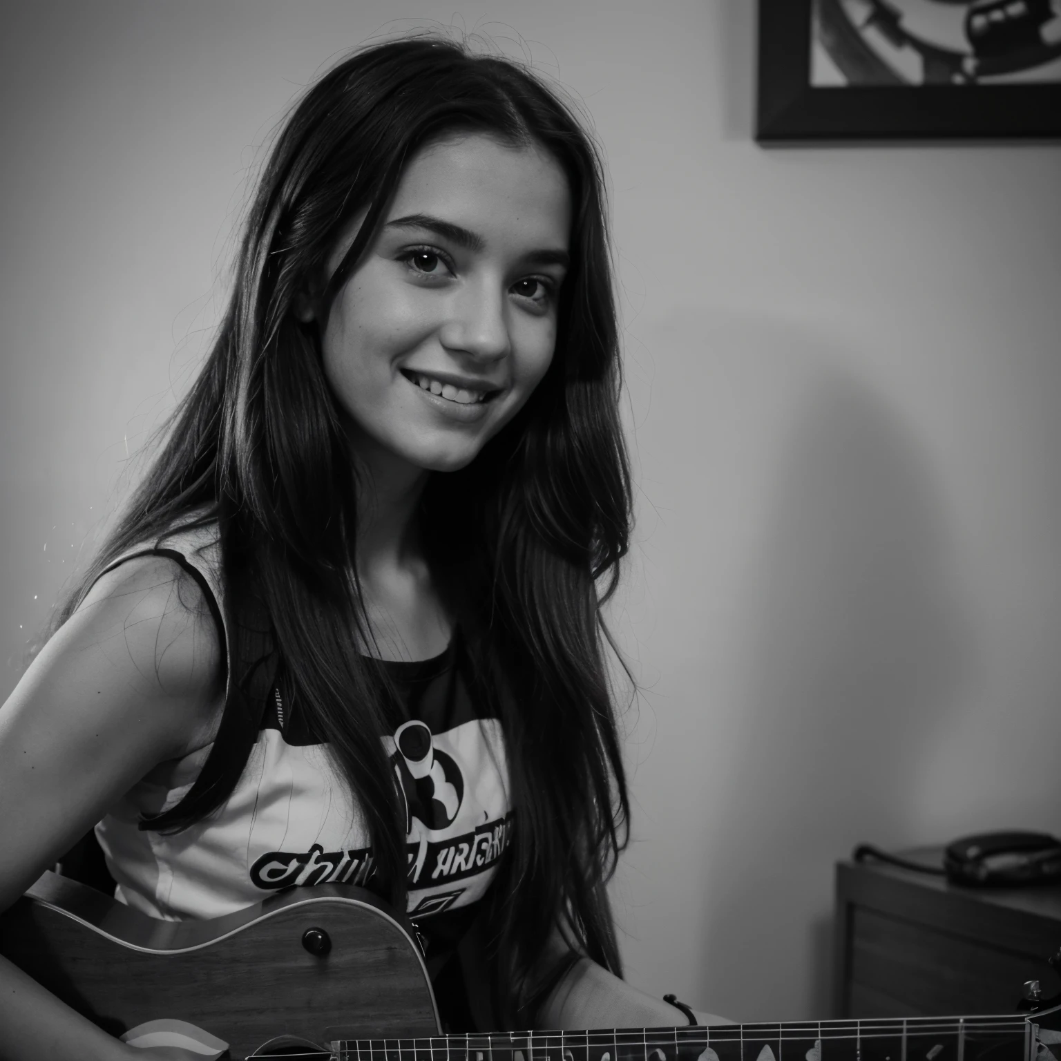 A black and white portrate of a belgian girl playing the guitar in disney pixar style. The girl has long hair and she is smiling a bit. The camera took the picture a little bit from the right. She is not looking at the vamera.