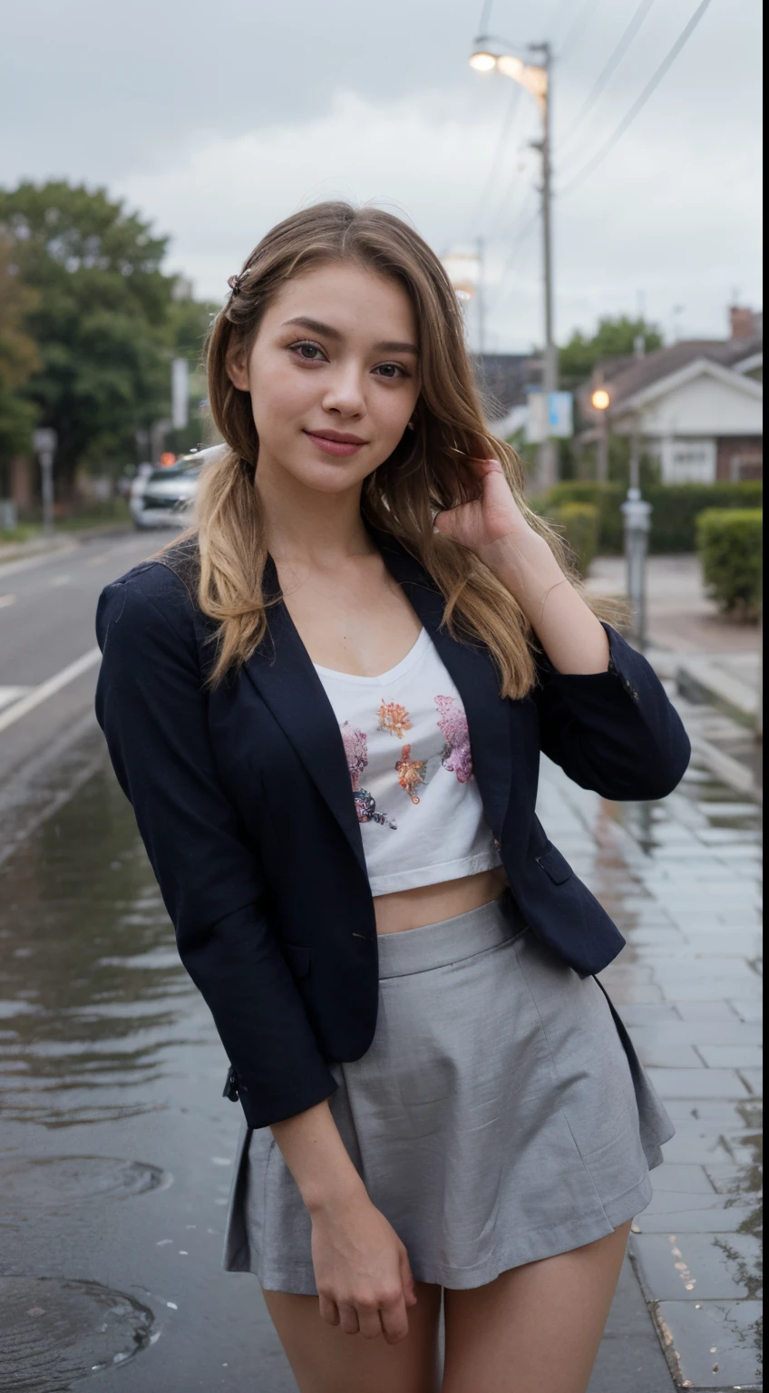 (((Long Blonde Ponytail with flower on hair))), (((Wearing dark blue blazer school uniform, lifted gray skirt))),(((touching her hair))),(((looking at viewer:1.5))),(((view full body))),(((Photographing a girl from the front) )),ulzzang-6500-v1.1, (Raw photo:1.2), (Photo realistic:1.4), a beautiful detailed girl, extremely detailed eye and face, beautiful detailed eyes, ultra-detailed, High resolution, top-quality, ​masterpiece, highly detailed, 8k wallpaper, Wonderful, finely detail, top-quality, Light on the face,电影灯光,1girl in, (Rainy road),Beautiful eyes,teary eyes, smile,Opening Mouth