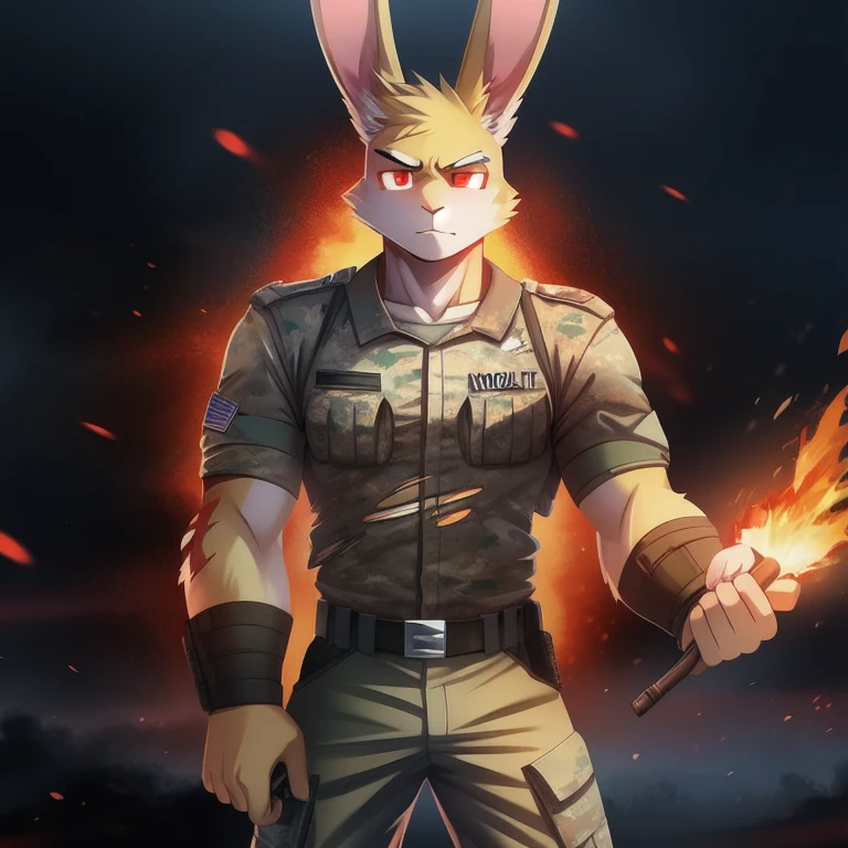 solo, male, rabbit, yellow colored fur, lean body, anthropomorphic rabbit, shoulder on fire, torn uniform, soldier uniform, bloodshot eyes, thousand yard stare,