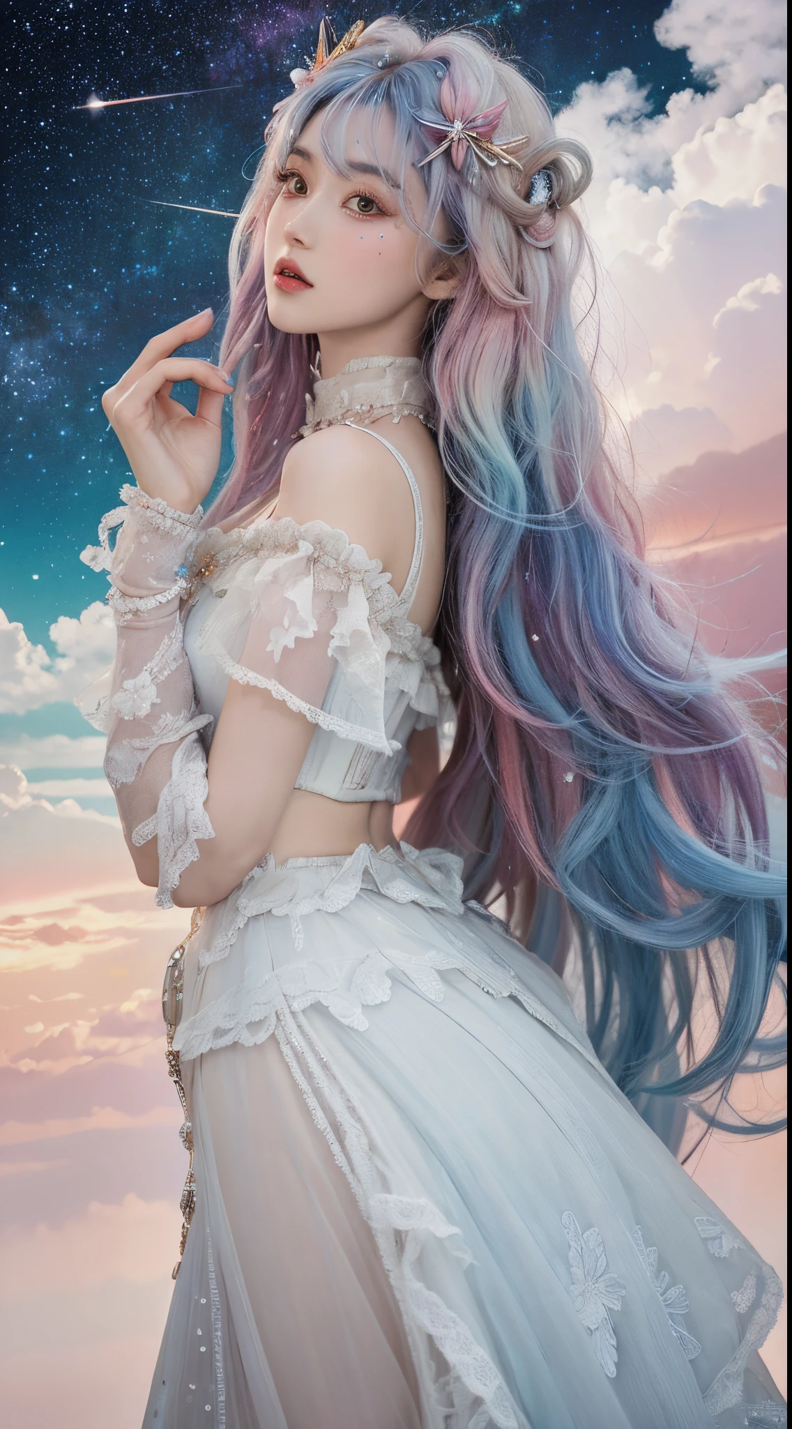 (tmasterpiece,quality,best qualityer,aquarelle(Curly),offcial art,Beauty and aesthetics:1.2),(1girl:1.3),(s fractal art:1.3),Seven doppelgangers,Slender waist,upper legs,seen from the side,looking at viewert,patterned,(rainbow colour hair,The color hair,Half blue and half pink hair:1.2),Eau,liquids,clouds,colorful,Starry,As estrelas,