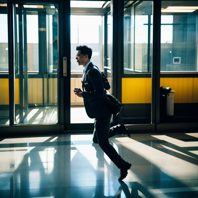 An office worker running with a desperate look on his face、station