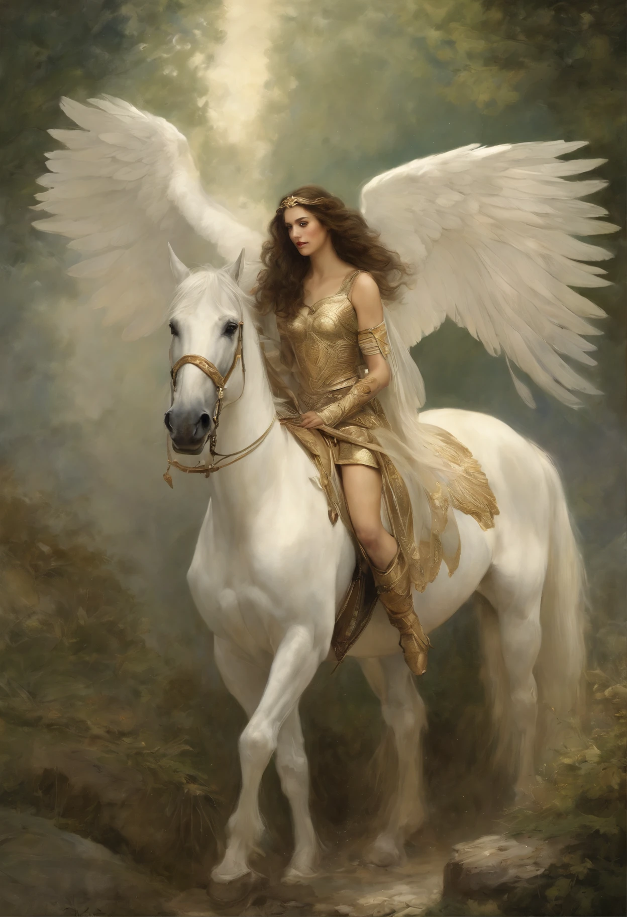 真实感, dark fantasy style, John Tolkien style, Small painting by Jean-Baptiste Monge, portraite of a, looks from the front, Soft facial features,  Green-eyed angel girl with feathers on her wings hugs a white horse, wings clearly in the center of the back, Human Hand, Very clear, Without flaws, bright makeup in five fingers, hugs a horse with wings, Average height, dark pink lips, thin lip shape ,"Cool eyebrows in the shape of Angryburts, dark brown eyes, green colored eyes, bright green eye color, drooping eye shape, drooping corner of the eye, looking at away,  black  hair, hair braided in a long thick tight braid,  classic braid, hairstyle with classic braid, slightly upturned duck nose,   in the hands of the sword of the heavenly warrior,   Human Hand, Very clear without flaws with five fingers ,in the form of a Valkyrie,  Carol Buck style, behind his back are huge open angel wings, Sword in hand,golden cape on the wings, Slightly naked, Priestesses, dressed in white and gold clothes, holy golden armor, Celestial Queen,  next to him stands a white horse with wings, hugging the horse in the foreground, rain dripping in the foreground, The sky, rainbow, Jean-Baptiste Monge, anthropomorphic --ar 2:3 --testp -optimistic;