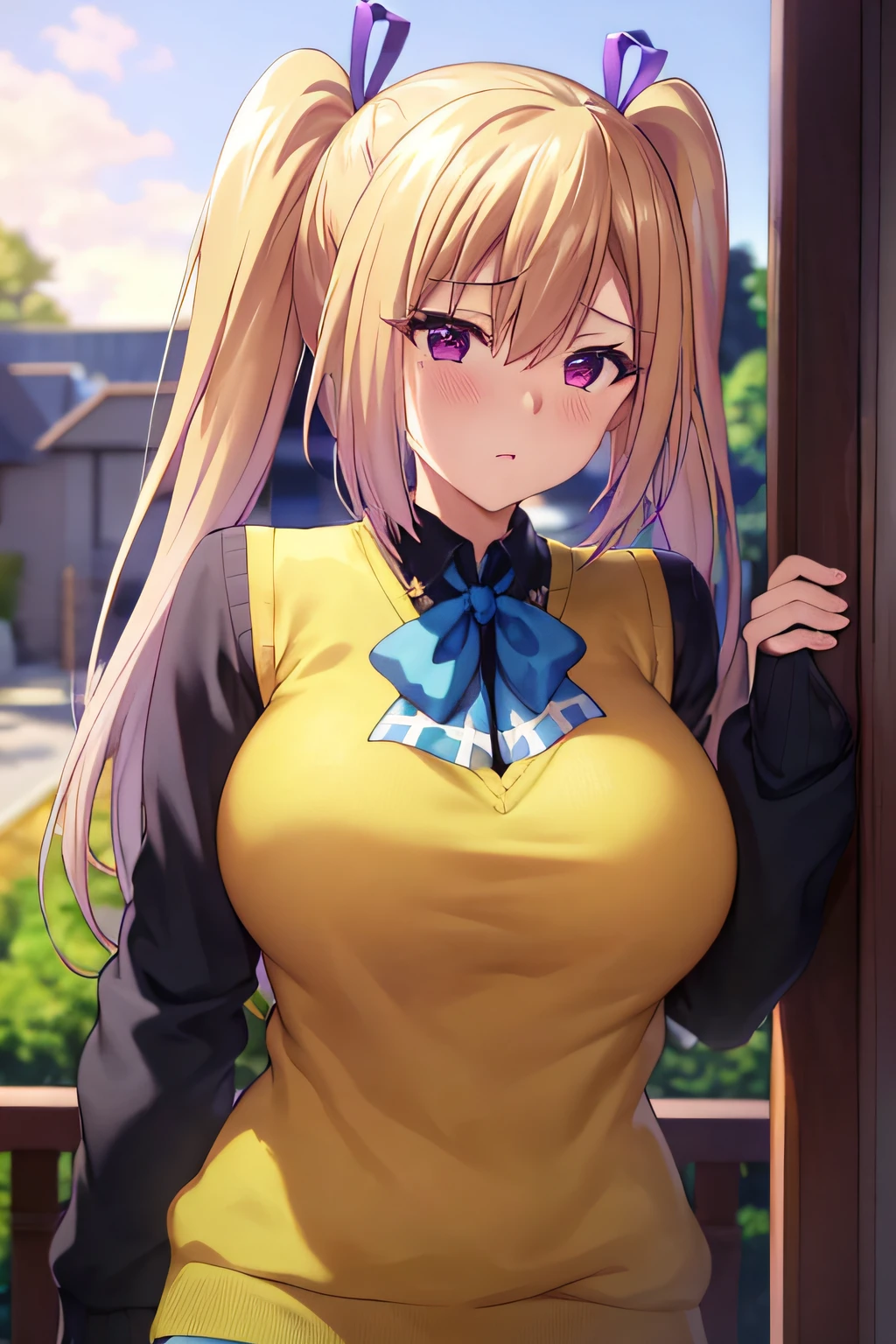 ​masterpiece, (top-quality), 1womanl,1girl in,1 boy,,kawakami_touko, blonde  hair, length hair, side poneyTail, a purple eye, Sweater Vest, 校服, skirt by the, Big breasts,bow ribbon, Hair Ribbon, Mole under the eyes,Female sexy, embarrassed from,red blush, vivd colour,,natural soft light,nffsw, , Beautiful fece, (详细的脸:1.2), showcase, (perfect  eyes:1.1) ,(Photorealsitic:1.1), 8K UHD, Look at viewers, outside of house, simple background