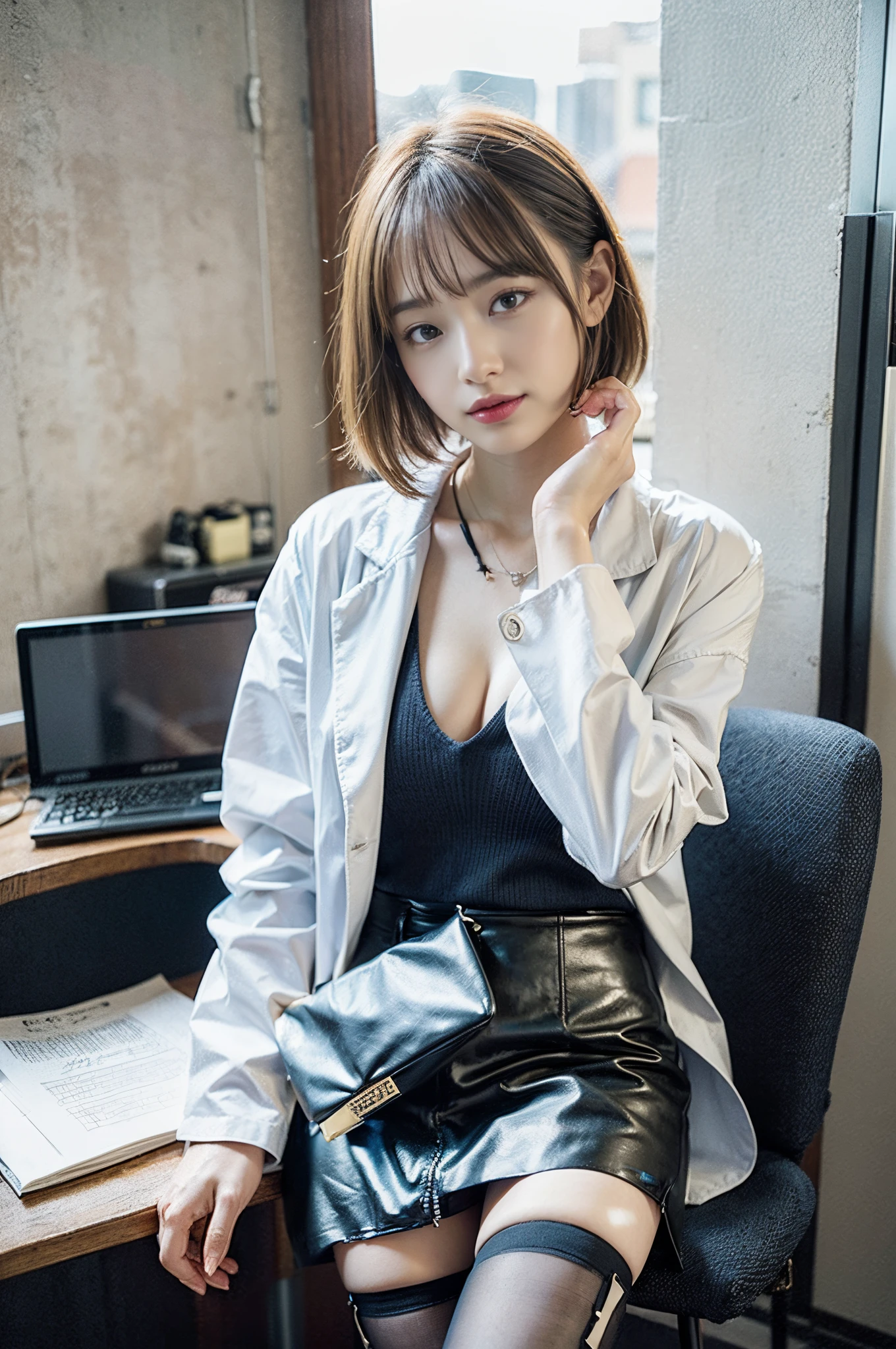 (scissors:1.5,hand up:1.5),(Wearing a light-colored shirt:1.5),A hair salon with chairs lined up,(The skin is wet from sweat:1.2),beautician,looking at the camera,Cleavage,smile,skirtリフト、skirtを手で上げる,woman, 20-year-old, Short Hair、bangs、(skirt),(White lace panties)、Cute earrings,Natural lighting