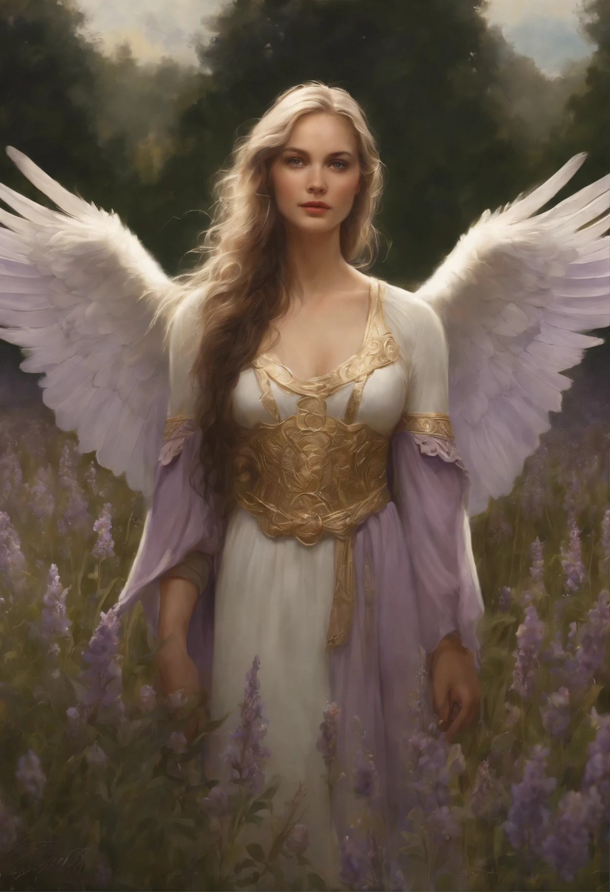 真实感, dark fantasy style, John Tolkien style, Small painting by Jean-Baptiste Monge, portraite of a, looks from the front, Soft facial features, An angel girl stands in the center of a lavender field., wings clearly in the center of the back ,Human Hand, Very clear without flaws with five fingers ,Bright make-up, Average height, dark pink lips, thin lip shape ,"Cool eyebrows in the shape of Angryburts, dark brown eyes, green colored eyes, drooping eye shape, drooping corner of the eye, looking at away, black hair, hair braided in a long thick tight braid, classic braid, hairstyle with classic braid, duck nose shape slightly snub, in the hands of the sword of the heavenly warrior,in the form of a Valkyrie, Carol Buck style, behind his back are huge open angel wings, Sword in hand,Slightly naked, Priestesses, dressed in white and gold clothes, holy golden armor, Celestial Queen, stands in the center of a lavender field, Jean-Baptiste Monge, anthropomorphic --ar 2:3 --testp -optimistic;