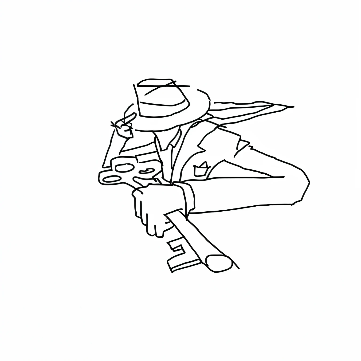 The masked man  holding his hat with his fingers in the strong wind, holding a golden key in his right hand, wearing a cape and a black suit.