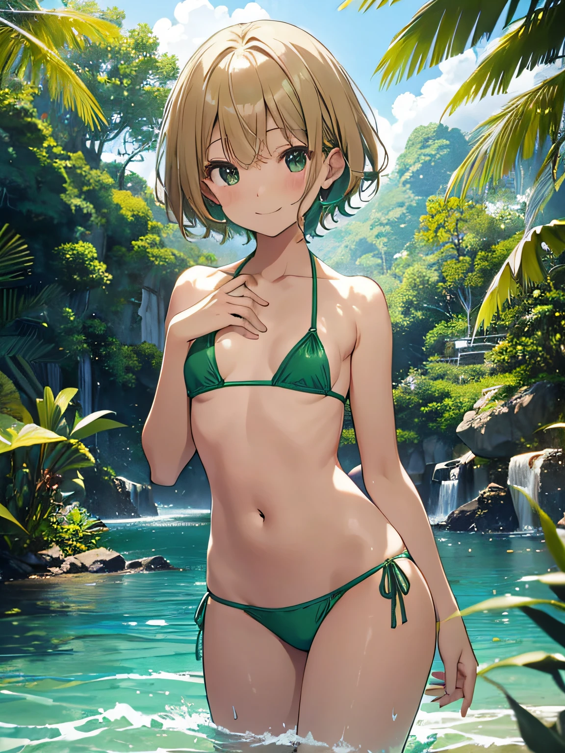 top-quality、extremely delicate and beautiful、Elementary school girls、5th grade elementary school、((Green Micro Bikini))、mesugaki、A smile、a blond、(Brown skin)、Sea on jungle background、is standing、short-hair