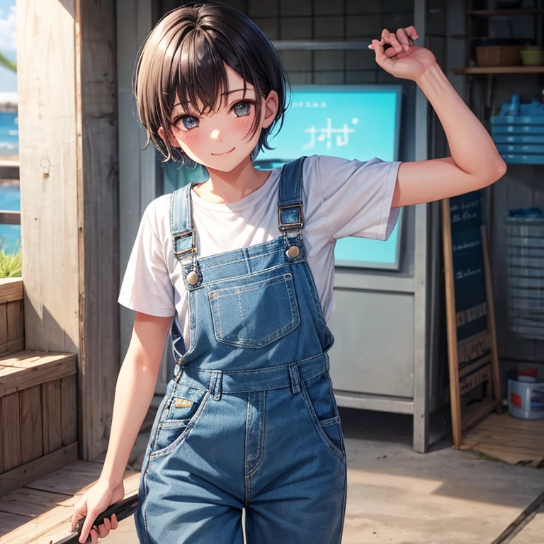 Boyish girl,,Light blue overalls,Active,Dark hair,Shorthair,Sunburned skin,A smile