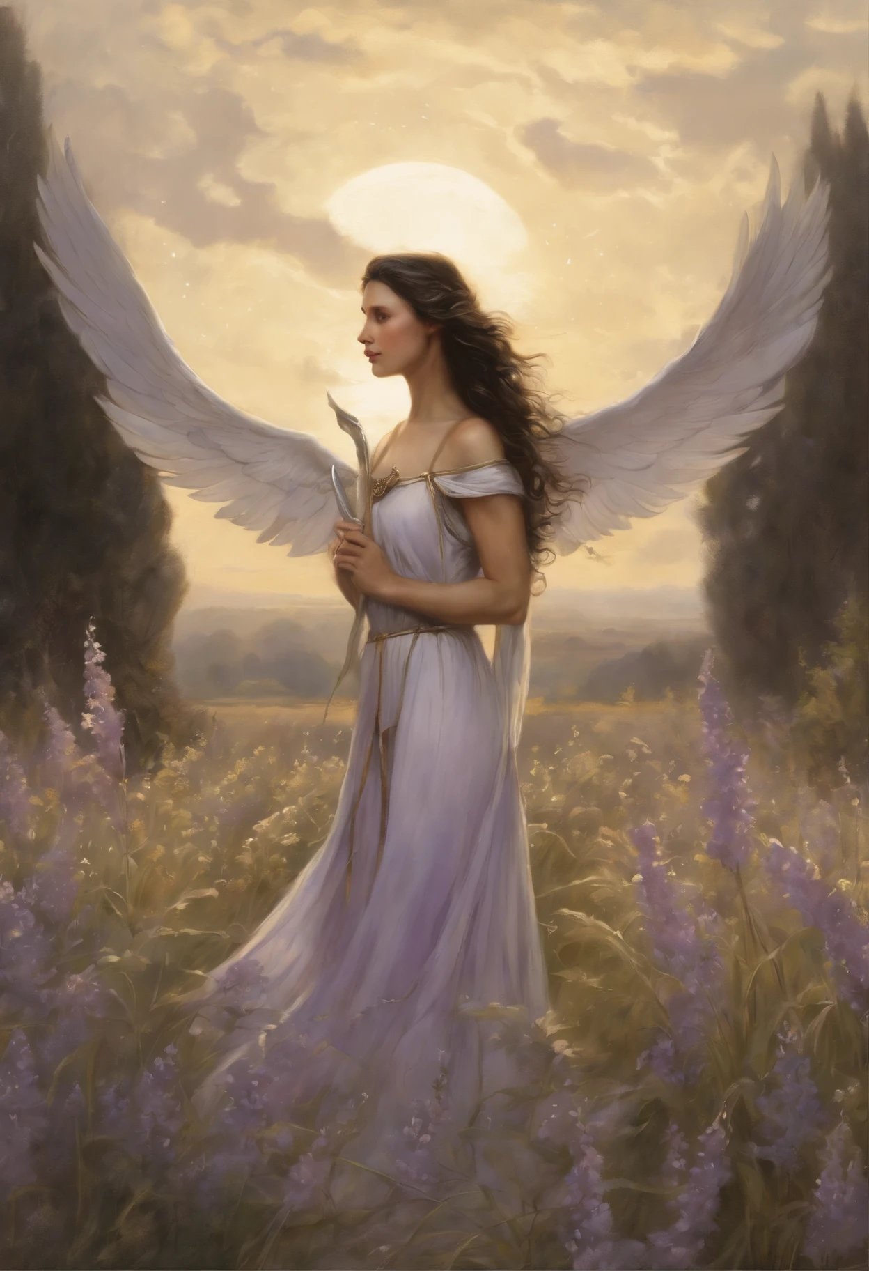 真实感, dark fantasy style, John Tolkien style, Small painting by Jean-Baptiste Monge, portraite of a, looks from the front, Soft facial features,  A black-haired angel girl stands in the center of a lavender field..,  wings clearly in the center of the back ,Human Hand, Very clear without flaws with five fingers   ,Bright make-up, Average height, dark pink lips, thin lip shape ,"Cool eyebrows in the shape of Angryburts, dark brown eyes, green colored eyes, drooping eye shape, drooping corner of the eye, looking at away,  black  hair, hair braided in a long thick tight braid,  classic braid, hairstyle with classic braid, duck nose shape slightly snub,  in the hands of the sword of the heavenly warrior,in the form of a Valkyrie,  Carol Buck style, behind his back are huge open angel wings, Sword in hand,Slightly naked, Priestesses, dressed in white and gold clothes, holy golden armor, Celestial Queen, stands in the center of a lavender field, Jean-Baptiste Monge, anthropomorphic --ar 2:3 --testp -optimistic;