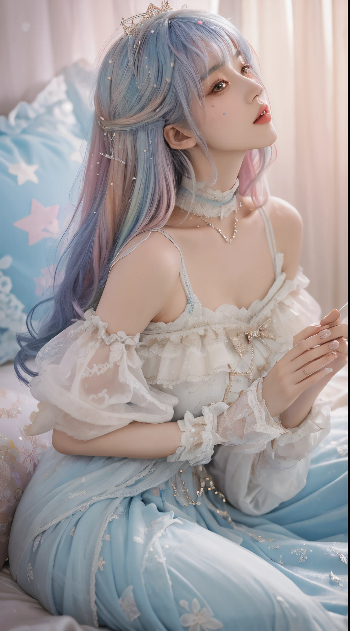 (tmasterpiece,quality,best quality,aquarelle(curled),offcial art,Beauty and aesthetics:1.2),(1个Giant Breast Girl:1.3),(s fractal art:1.3),dygj \(manaka nemu\),big breasts thin waist,upper legs,seen from the side,looking at viewert,Patterned,(Rainbow-colored hair,Hair color,Half blue, half pink hair:1.2),Eau,liquids,cloud,Colorful,Starry,As estrelas,