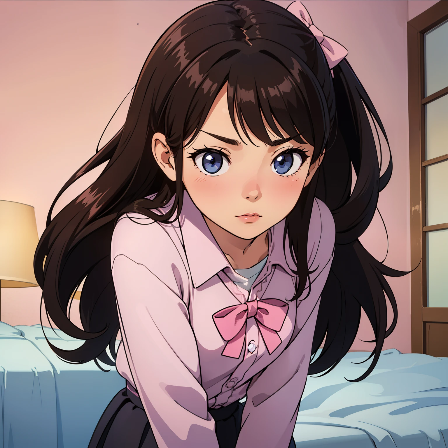 (Best Quality), detailed_background,bedroom,brown hair,hair bow,pixelated,blush,leaning forward,luca (kuruton486),black hair bow,highres,1girl,letterboxed,solo,kuruton486,pink casual shirt,blue eyes,shirt,parted bangs