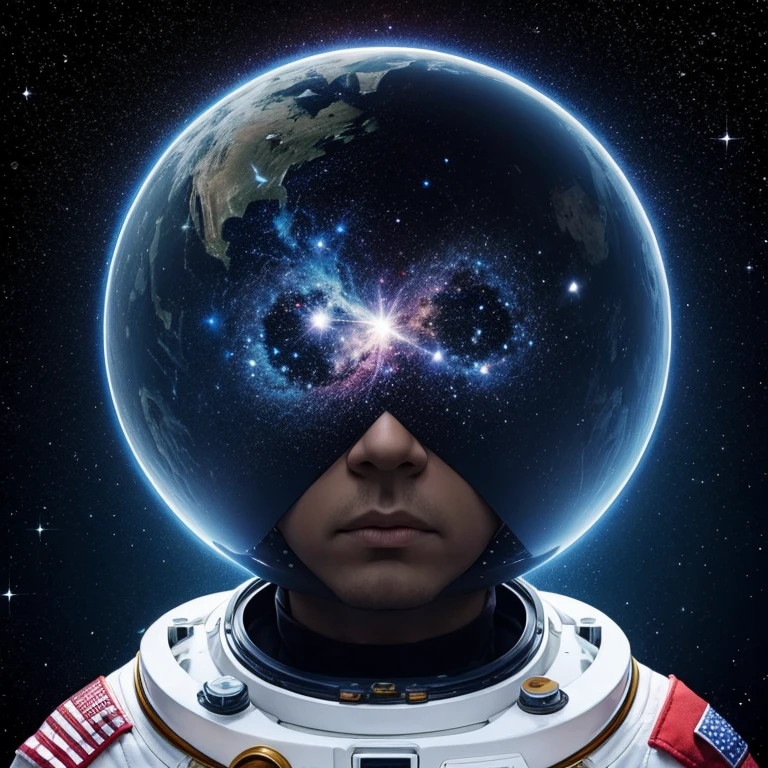 Space man head shot floating stars outer space