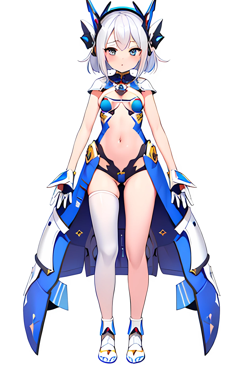 [(NO BACKGROUND:1.5),::5] (WHITE BACKGROUND:1.5), [(SEXY:1.5)::,5] (:1.5), (tight armor:1.5), [(SYMETRICAL:1.5),::5] standing, (default pose:1.5), (1girl:1.5), solo, (loli), full body, small breasts, short hair, looking at viewer, (open coat, robe, blue robe, magical, magician, modern, witch, mecha musume, contemporary, futuristic:1.4), solo, full body, masterpiece, solo, beautiful, detailed eyes, detailed face, (white clothes:1.2), (blue stripes:1.3), (white hair:1.4), (cyberse:1.4), (loli:1.3bsurdres, ultra-detailed, masterpiece, highres, 4k, high quality, digital art, sparkling eyes, (thigh:1.3), (small breasts:1.4), short hair, (bare arms, bare hands:1.4), (navel cutout:1.3), navel