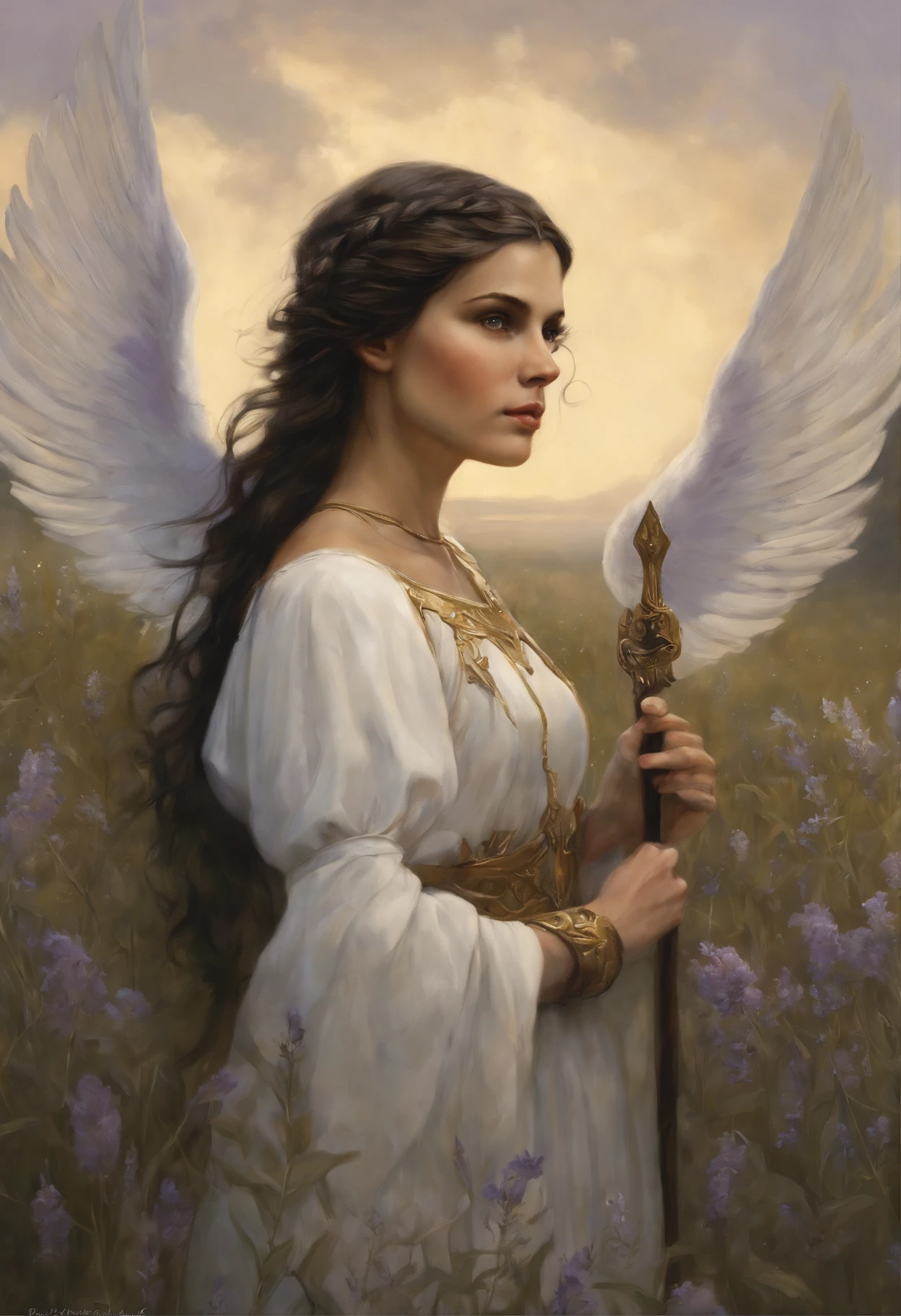 真实感, dark fantasy style, John Tolkien style, Small painting by Jean-Baptiste Monge, portraite of a, looks from the front, Soft facial features, A black-haired angel girl stands in the center of a lavender field.., wings clearly in the center of the back ,Human Hand, Very clear without flaws with five fingers ,Bright make-up, Average height, dark pink lips, thin lip shape ,"Cool eyebrows in the shape of Angryburts, dark brown eyes, green colored eyes, drooping eye shape, drooping corner of the eye, looking at away, black hair, hair braided in a long thick tight braid, classic braid, hairstyle with classic braid, duck nose shape slightly snub, in the hands of the sword of the heavenly warrior,in the form of a Valkyrie, Carol Buck style, behind his back are huge open angel wings, Sword in hand,Slightly naked, Priestesses, dressed in white and gold clothes, holy golden armor, Celestial Queen, stands in the center of a lavender field, Jean-Baptiste Monge, anthropomorphic --ar 2:3 --testp -optimistic;