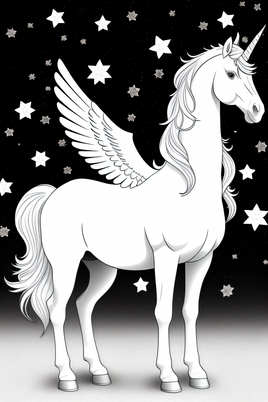 Unicorn HORSE PEGASUS WINGS,  CLEAR OUTLINE Coloring Pages Graphic FULL BODY FULLFIL PATTERN STARS, WHITE CLEAN BACKGROUNDS