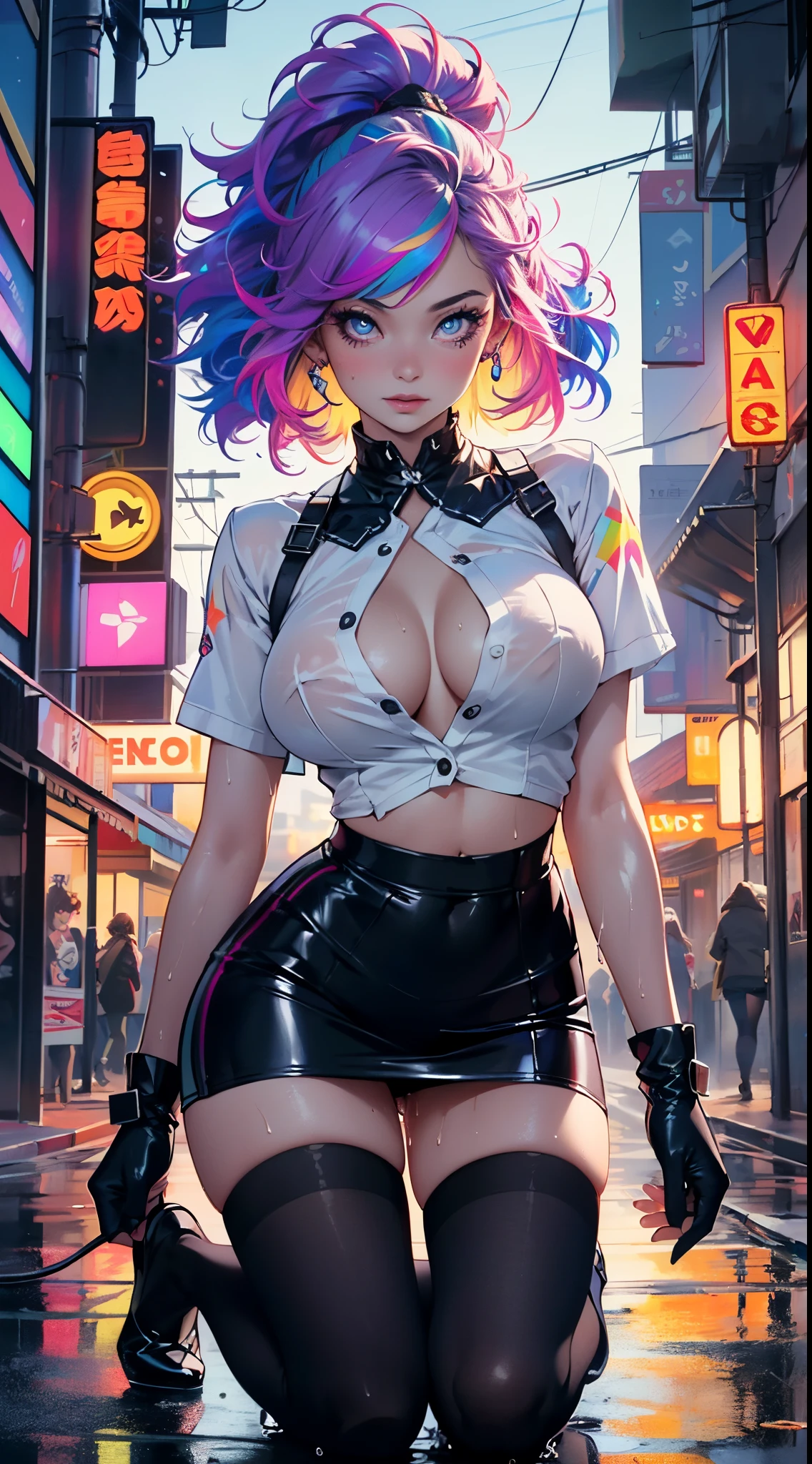 cyberpunk girl,(((1girl))),((cute and beautiful rainbow haired girl)),
(large breasts:1.4),saggy breasts,really wild hair, mane, multicolored hair lighting, rainbow hair,((((wild hair)))),The beauty of extra-long hair, Super Long Straight Hair,bangs,(((neon_rainbow_eyes:1.3))),intricate eyes,beautiful detailed eyes,symmetrical eyes,((fat)),(((lustrous skin:1.5,bright skin: 1.5,skin tanned,shiny skin,very shiny skin,shiny body,plastic glitter skin,exaggerated shiny skin,illuminated skin,wet legs))),(spider lower abdomen,narrow waist,wide hip,athletic body,inflated legs,detailed body,(detailed face)),
cute,slutty,erotic,((nsfw)),
zettai ryouiki,underwear miniskirt uniform,Perfect body slim curvesThe shirt is fully open:1.4,The chest is completely open,Shirts are worn over underwear, (Shirts are worn over underwear: 1.3),absurdres,white button-down blouse,There is a collar,Black Slit Skirt,(Black pantyhose),Long legs,Detailed legs,High heels,cleavage,,(((wet clothes,intricate outfit,intricate clothes))),
Goddess-like posture,Kneeling exercise,:1.0,embarrassed,(centered,scale to fit dimensions,Rule of thirds),
cyberpunk city by the ocean at night, with bright neon signs and dark stormy clouds and puddles, scenery:1.25,
artistic photography,(photography taken by sldr),highres, sharp focus, (ultra detailed, extremely detailed), (photorealistic artwork:1.37),(extremely detailed CG unity 8k wallpaper),((synthwave background theme)),(((vibrant colors))),(intricate background),(masterpiece),(best quality),