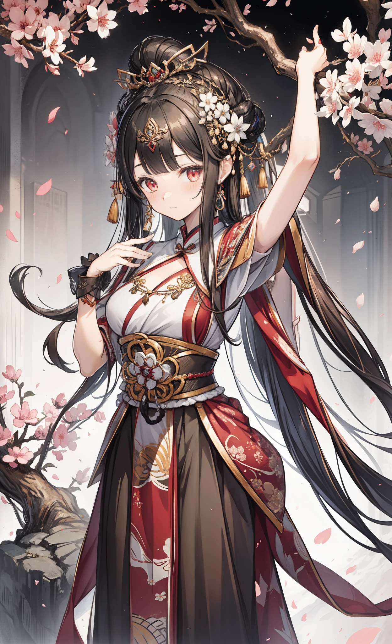 (tmasterpiece:1.2),Atdan, 1 plump girl, Alone, Branch, flowers blooming, jewely, a skirt, ear nipple ring, that tree, through bangs, Long gray hair, hair adornments, view the viewer, Chinese clothes, black hair color hair, hairflower, Brown hair, shoulder, Very long hair, Wide sleeves, longer sleeves，obsessed，light red eyes