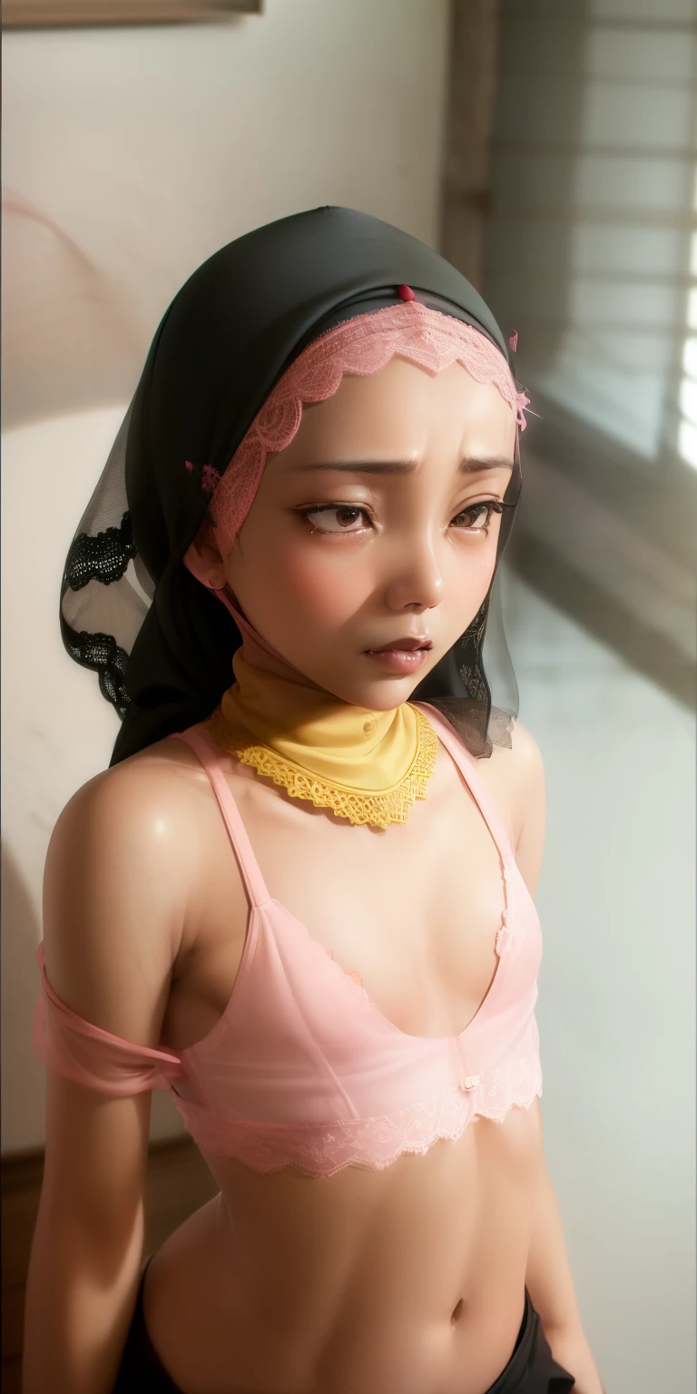 (((MALAY HIJAB GIRL))), (realistic, photo-realistic:1.4), ((LAT CHEST)), (( TRANSPARENT )), ((SOFT PINK LACE )), ((RED LIPS)), ((SADNESS)), (((FLAT CHEST))), (((FLAT CHEST))), (((FLAT CHEST))).