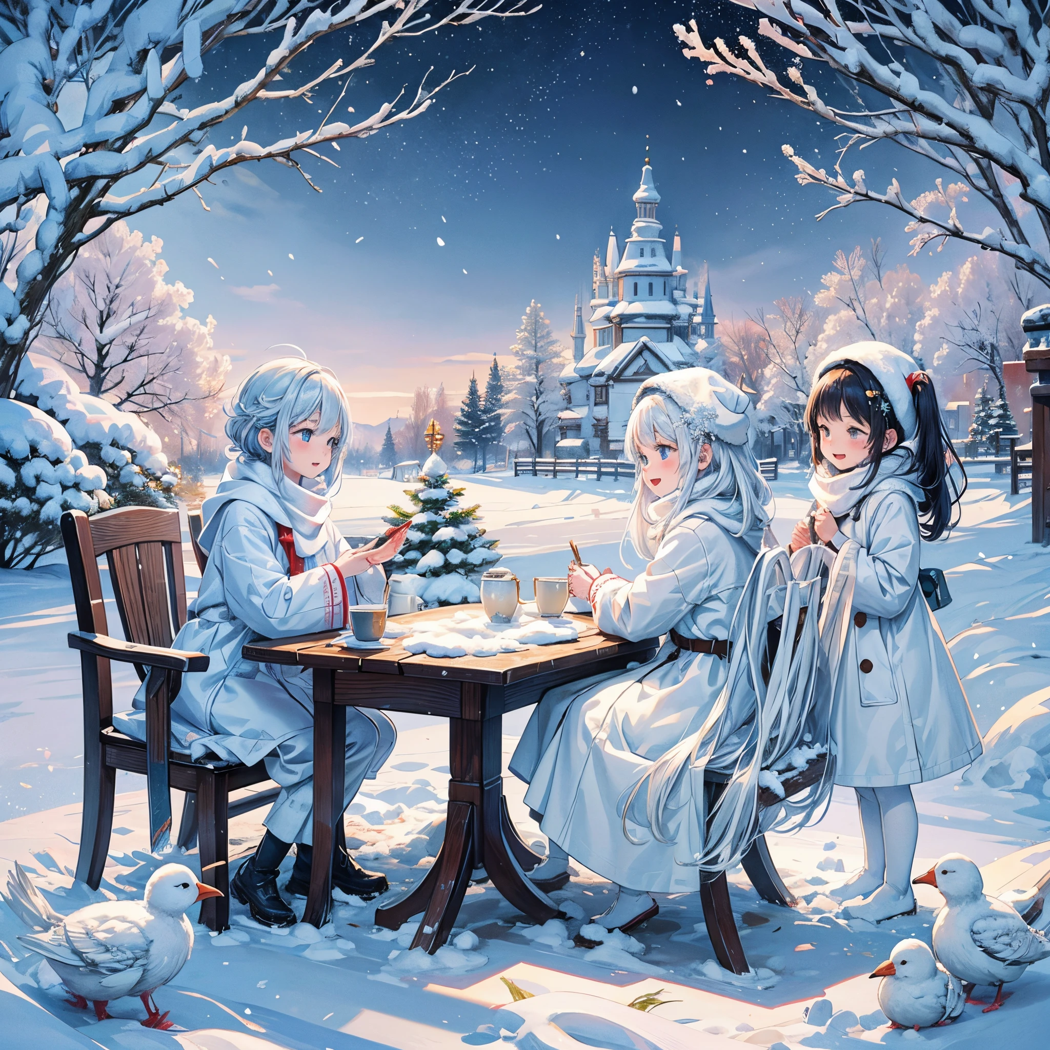 Snow scene in the park，There  a fountain in the middle, hori&#39;tas&#39;It&#39;s snowing in the city，oda&#39;It&#39;s snowing heavily, snowing outside, It was snowing outside, post soviet courtyard, during snowfall, snowy days, nevando, snowfall, Snowy environment, Oyuki, Snowy winter, Blizzarding ::5, Cold snow outside, in the middle of a snow storm, Oyuki, Blizzarding