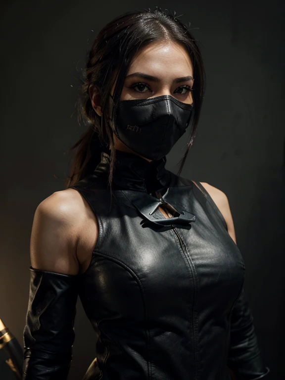An Arafed woman wearing a black leather costume and mask poses for a photo, beautiful female assassin, female assassin with, Gothic Ninja, Gaiden Girl Ninja Portrait, Ninja MK Ninja, amazing character art, very detailed Artgerm, female assassin without mask, Spectacular art with exquisite characters, Detailed Art Germ, katana zero video game character, thin shoulders, Female body