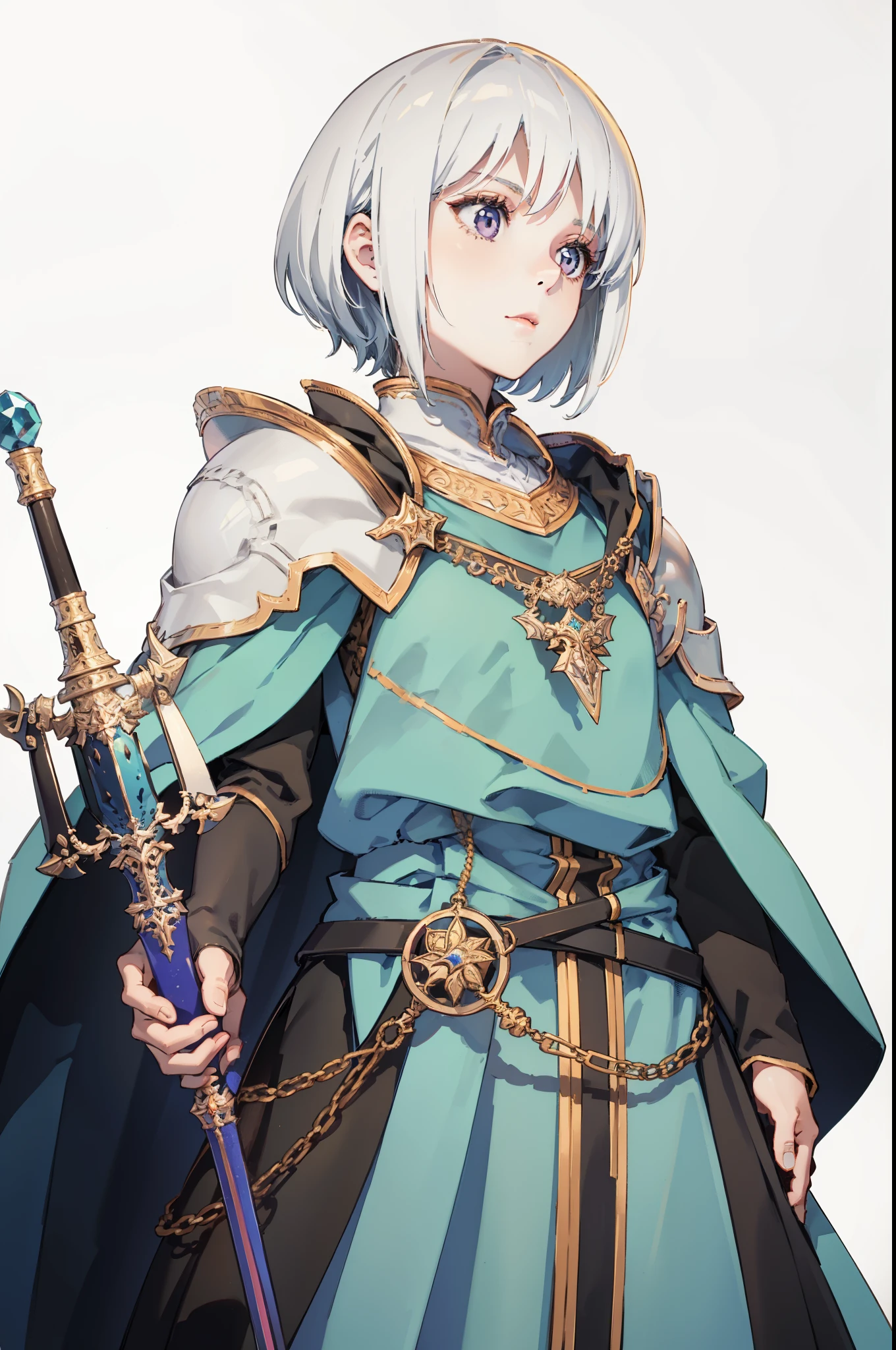 One female, , short white hair, detailed, emotionless face, wearing a shoulder pad, a mage's robe, holding a mage's staff in hand, front camera, white background