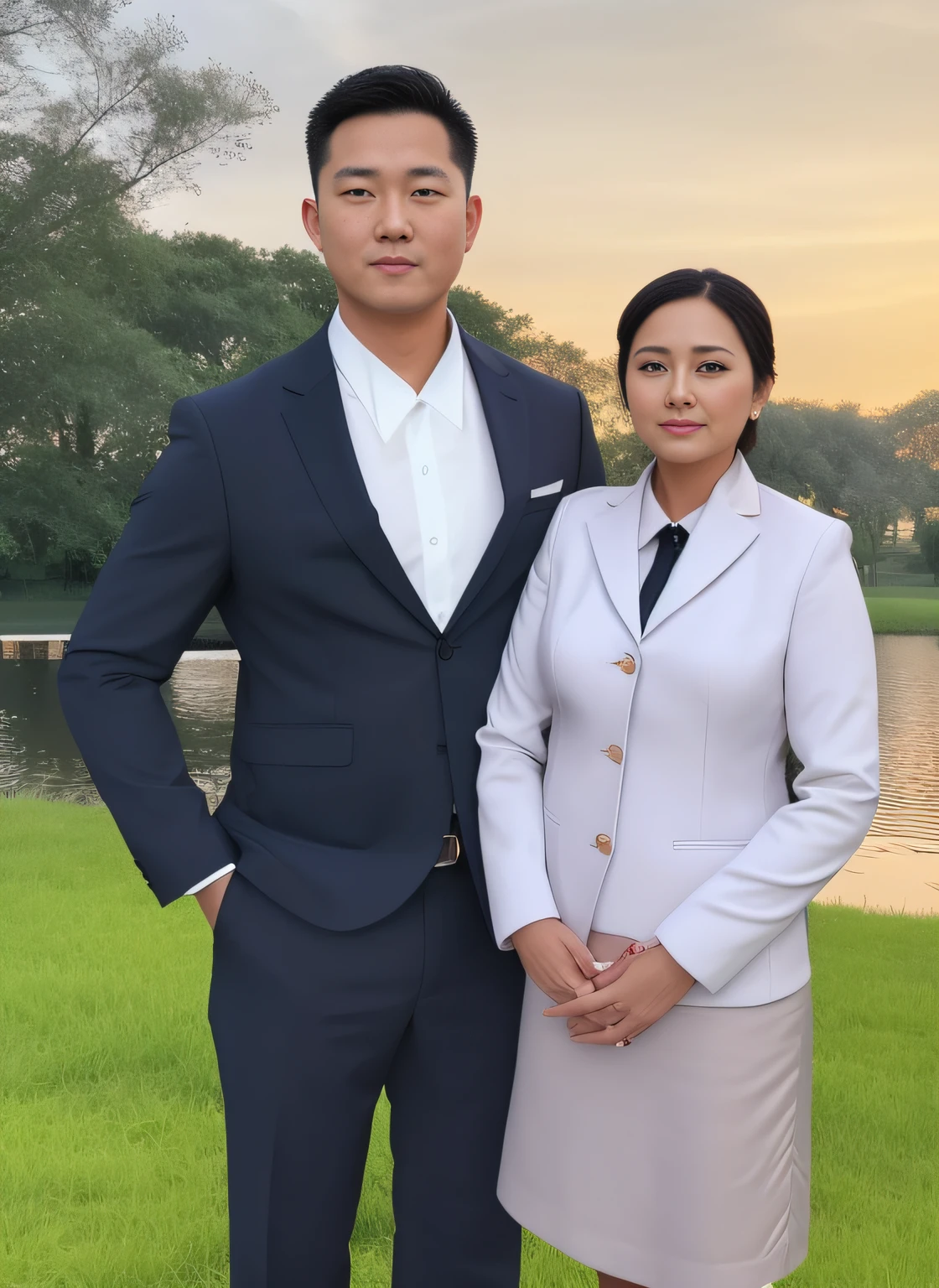 there a man and woman standing next to each other in a park, detailed professional photo, corporate photo, full protrait, professional photograph, formal attire, amazing professional picture, professional detailed photo, backdrop, full device, professional foto, photo taken in 2 0 2 0, business attire, couple, marketing photo, portrait shot, profesional photo, advertising photo
