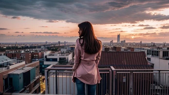 Gurl looking at the city from far, pinkish skies, lights of building glowing