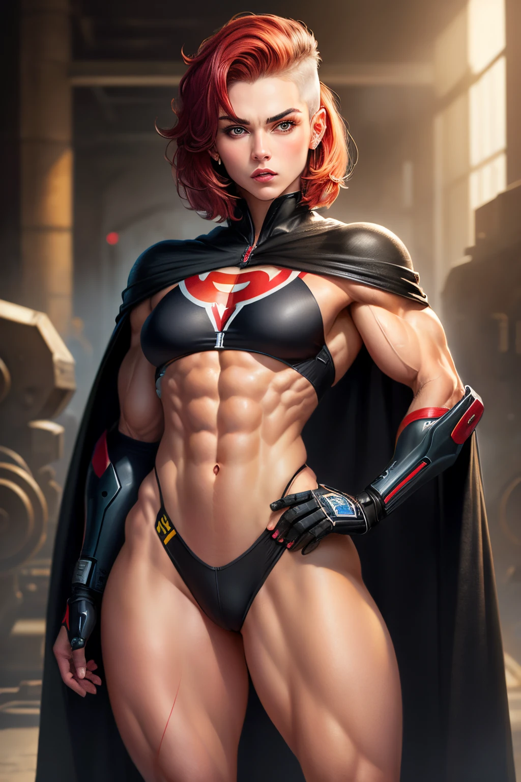 A girl with robotic fully mechanical body, all body mechanical parts, platinum white buzz cut right part hair, ((very small red dyed side of hair)), Russian face, very muscular, soulless face, powerful, Russian girl face, (small black Cape), robotic and extremely muscular body shape, sassy poses, rebellion, ((very detailed)), ((very realistic)), ((extremely muscular ifbb pro body)), mechanical part all over body