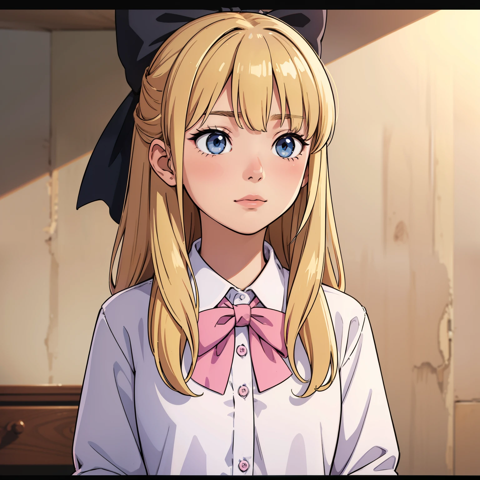 (Best Quality), detailed_background,bedroom, closeup, blonde hair,hair bow,pixelated,blush ,luca (kuruton486),black hair bow,highres,1girl,letterboxed,solo,kuruton486,pink casual shirt,blue eyes,shirt,parted bangs