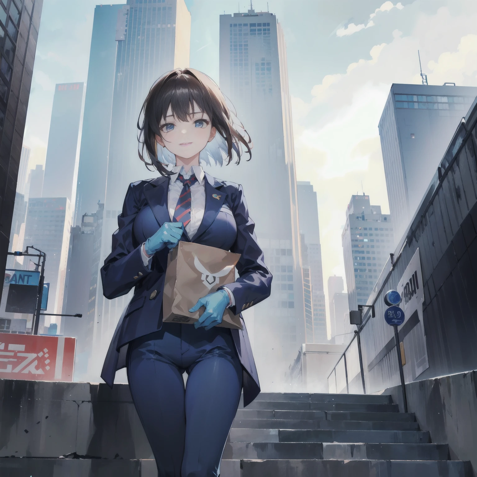 (1girl, solo female, solo, solo focus)++++,( milf,big breast,) mecha, destroyed mecha, mecha, brown_hair, jacket, sitting, gloves, long_sleeves, pants, patlabor, 1girl, sky, necktie, yellow_neckwear, riding, shirt, outdoors, patlabor police_uniform, collared_shirt, helmet, vest, bangs, day, police, smile, white_shirt, blue_sky, standing, dress_shirt, shoes, short_hair, blue_jacket, city, from_side, looking_down, headwear_removed, straddling, oldschool, black_footwear, patlabor_uniform, gun, blue_background, shadow, white_gloves, mecha, science_fiction, blue_pants, boots, bowtie, 1990s_(style), holding, looking_away, open_clothes, black_neckwear, closed_mouth, policewoman, open_jacket, blazer, wing_collar, cloud, looking_afar, black_jacket, mecha in backgroud, destroyed mecha in backgroud, destroyed mecha ,cyberpunk