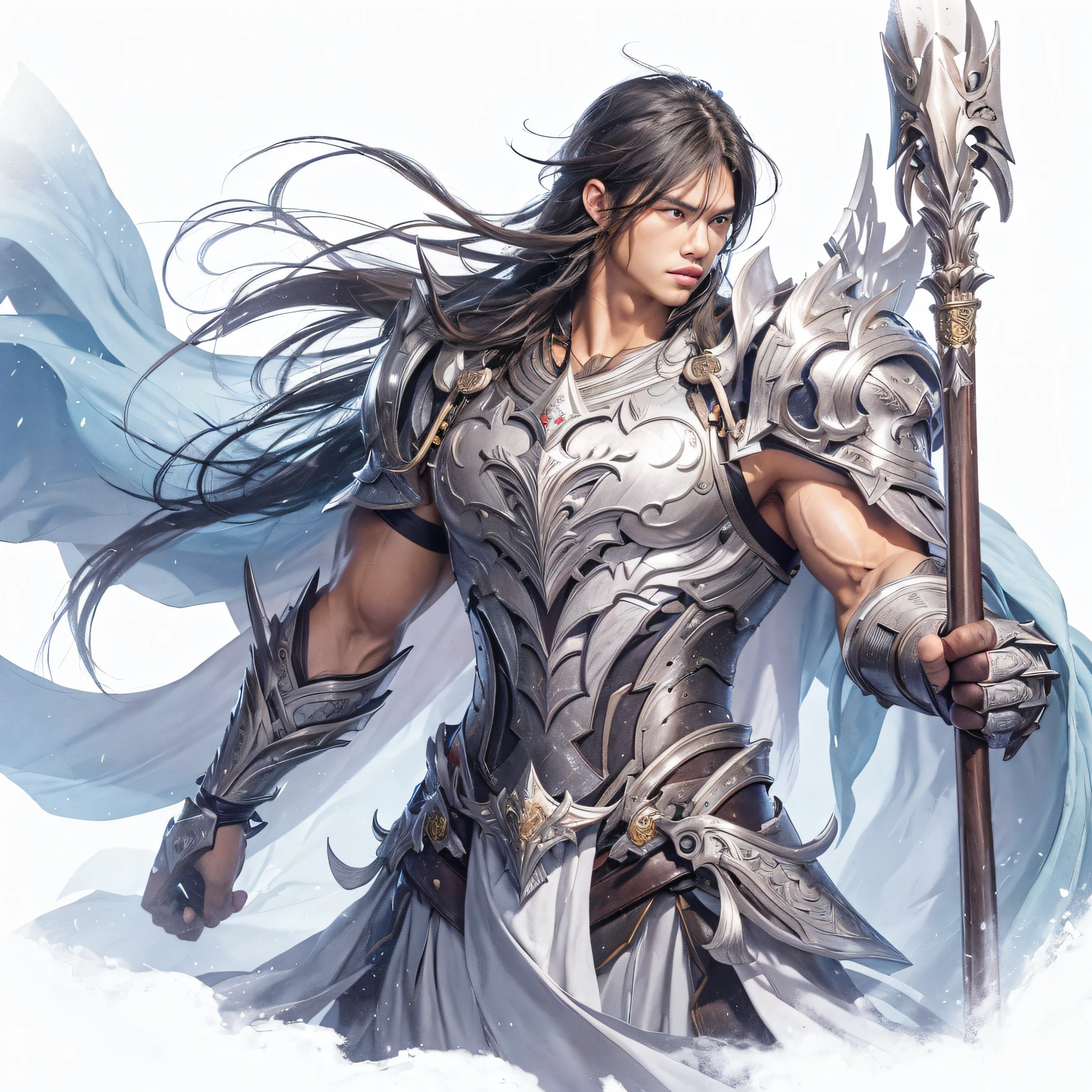 long hair handsome warrior holding spear on the right hand, stern face starting far to one side, asian look, 30 years old, muscular, scholar look, floating cape