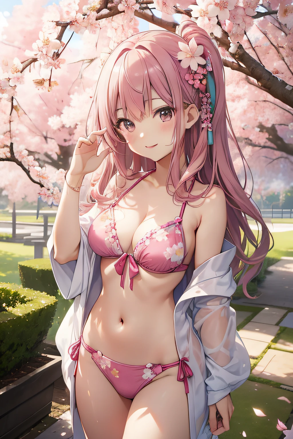 top-quality、extremely delicate and beautiful、Japanese hair、hposing Gravure Idol、pink bikinis、in her 20s、 Standing、A smile、Facing the front、Cherry blossoms in the background