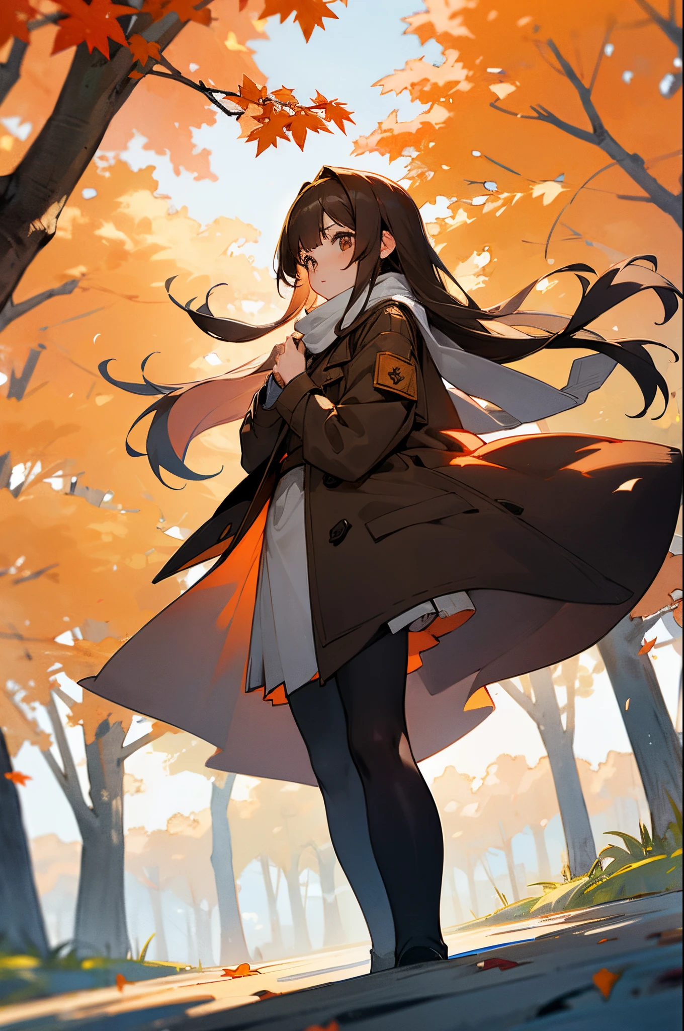 A cute girl wearing a dark brown coat and a white scarf,Straight hair over the shoulders,Standing under two rows of maple trees,Looking at the maple leaves in my hand tenderly