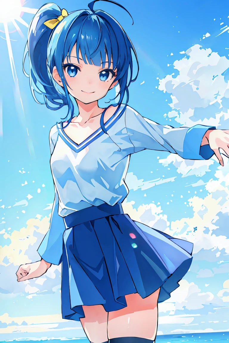 (masterpiece), (best quality),  1girl,dynamic angle,smile,jumping,solo, soraharewataru,blunt bangs,ahoge, blue_eyes, blue_hair, blue_shirt, blue_skirt, blue_thighhighs, blunt_bangs, collarbone, hair_bow, yellow_bow, long_sleeves, medium_hair, side_ponytail, small_breasts,striped_shirt, zettai_ryouiki, photorealistic,day,sunshine,beautiful sky,outdoors,seaside