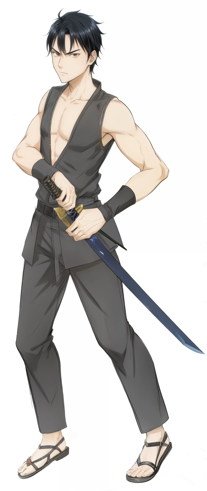 anime black hair man with a sword in his hand,