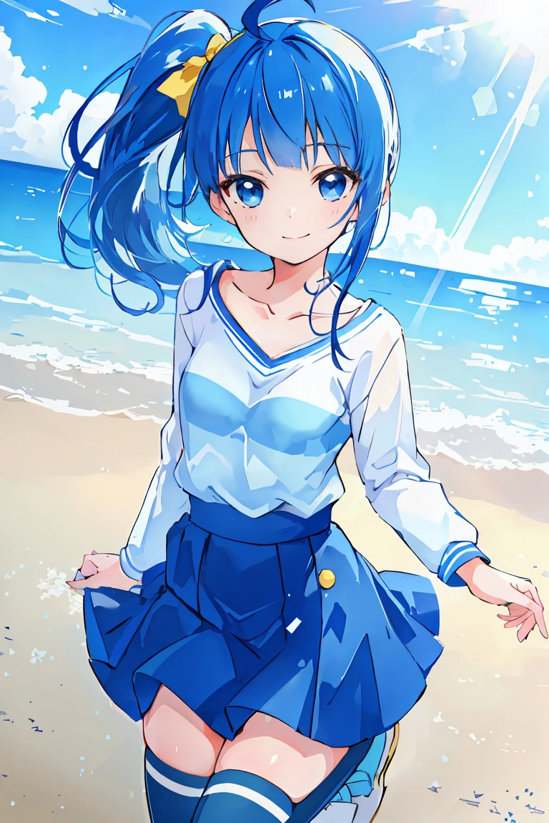 (masterpiece), (best quality),  1girl,dynamic angle,smile,jumping,solo, soraharewataru,blunt bangs,ahoge, blue_eyes, blue_hair, blue_shirt, blue_skirt, blue_thighhighs, blunt_bangs, collarbone, hair_bow, yellow_bow, long_sleeves, medium_hair, side_ponytail, small_breasts,striped_shirt, zettai_ryouiki, photorealistic,day,sunshine,beautiful sky,outdoors,seaside