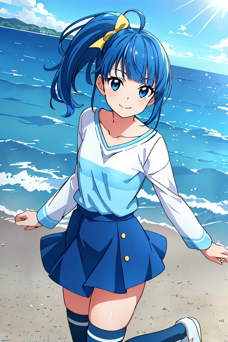 (masterpiece), (best quality),  1girl,dynamic angle,smile,jumping,solo, soraharewataru,blunt bangs,ahoge, blue_eyes, blue_hair, blue_shirt, blue_skirt, blue_thighhighs, blunt_bangs, collarbone, hair_bow, yellow_bow, long_sleeves, medium_hair, side_ponytail, small_breasts,striped_shirt, zettai_ryouiki, photorealistic,day,sunshine,beautiful sky,outdoors,seaside